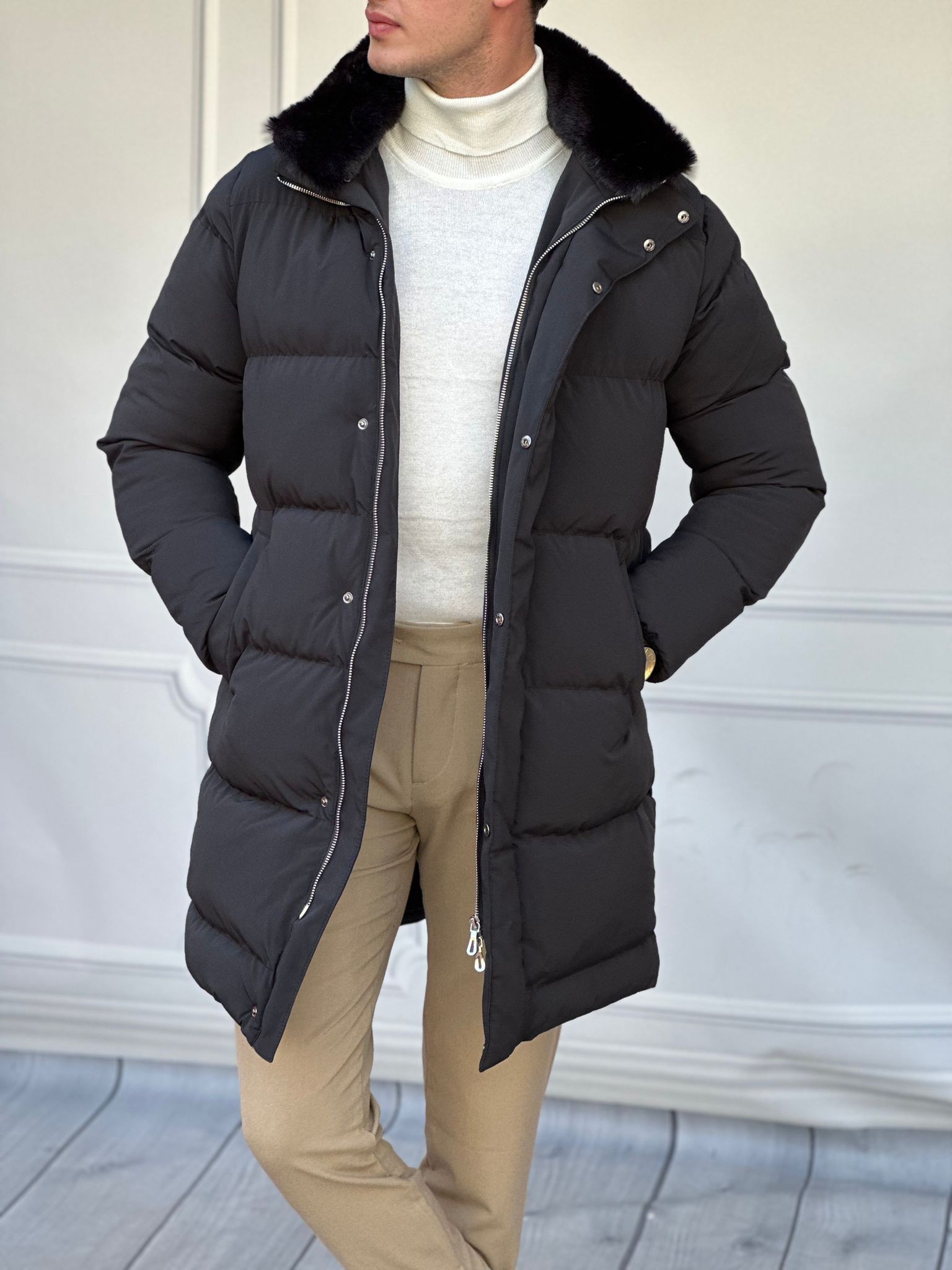 Yaka Kürk Detaylı Uzun Model Şişme Mont