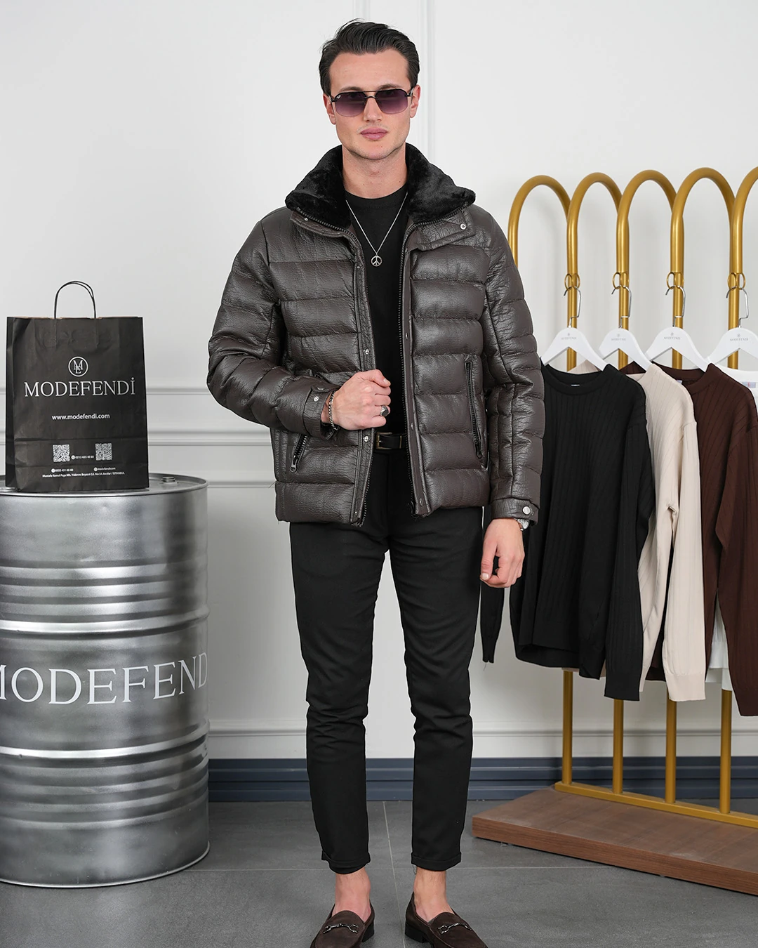 Orta Slim Fit Yaka Kürk Detaylı Yumuşak Dokulu Yatay Desen Deri Mont