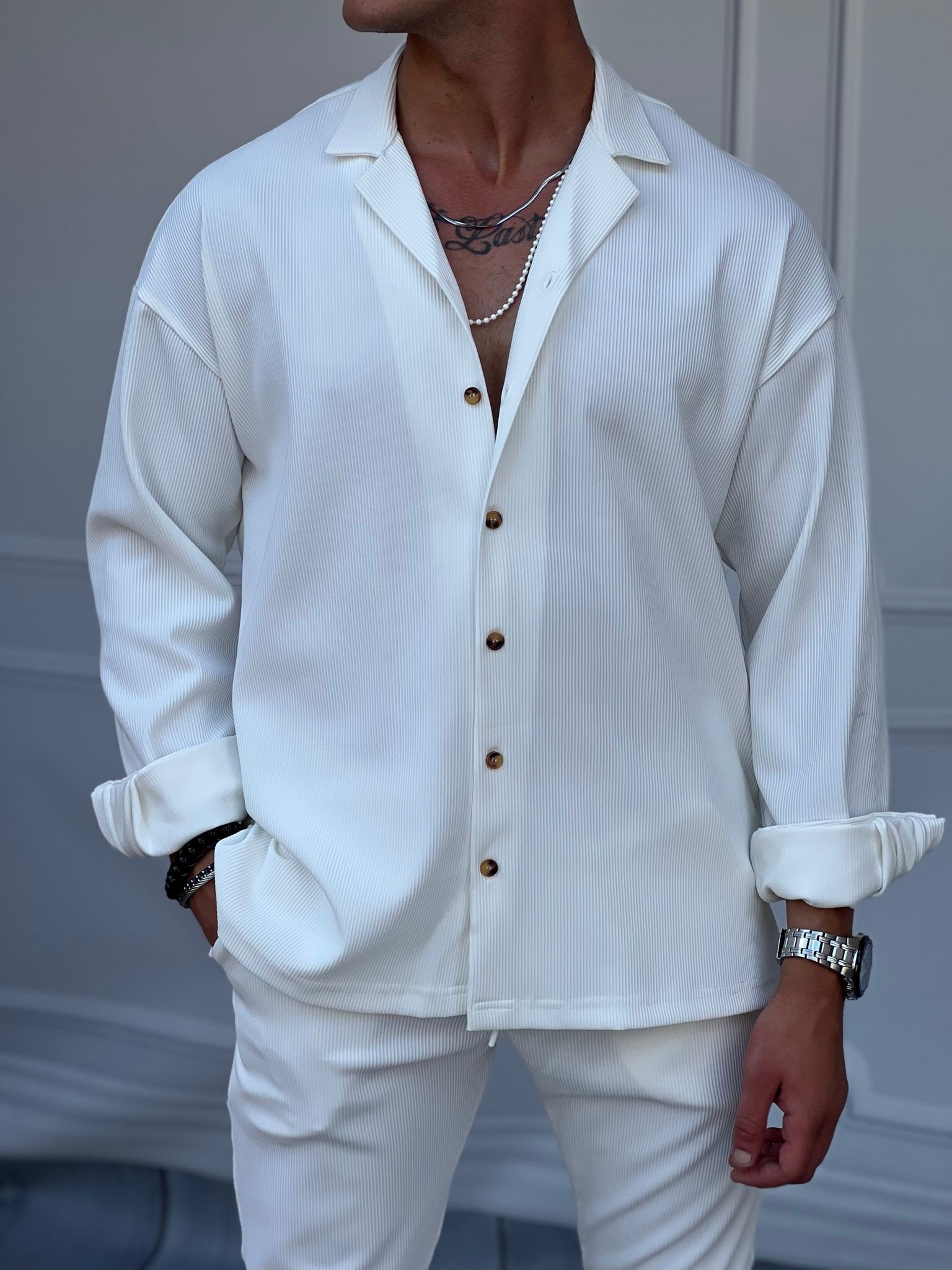 Fitil Desenli Oversize Uzunkol Gömlekli Takım - Beyaz