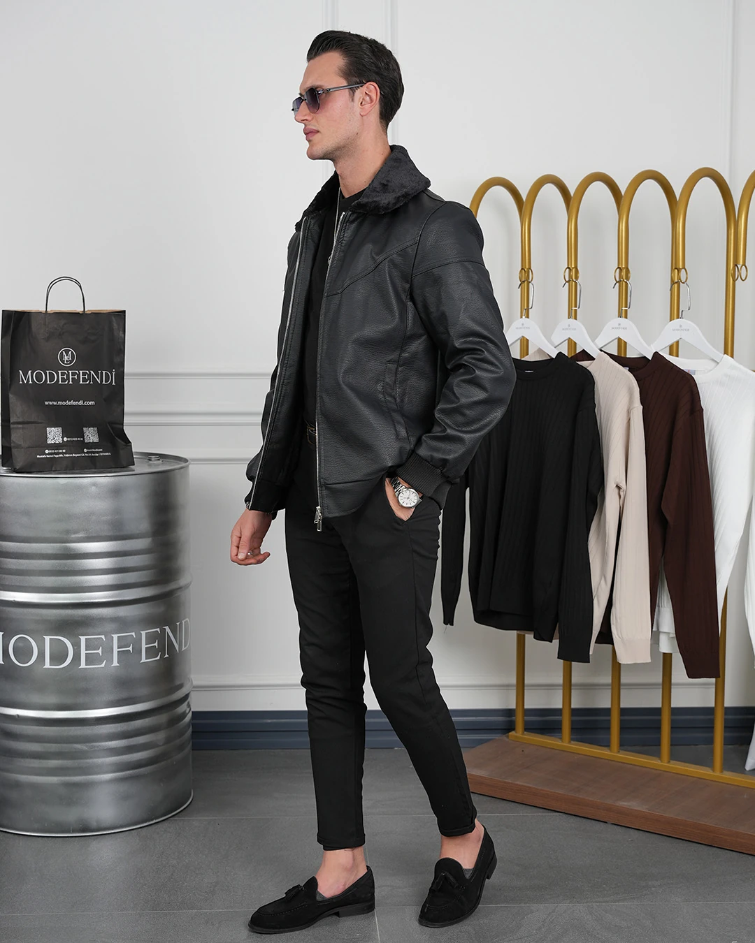 Slim Fit Yaka Kürklü Uzun Ribana İthal Deri Mont