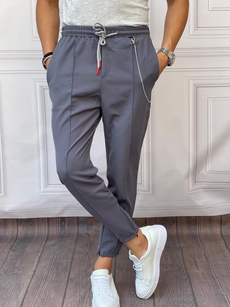 Zincir ve Paça Fermuar Detaylı Pamuklu Jogger Pantolon - Füme