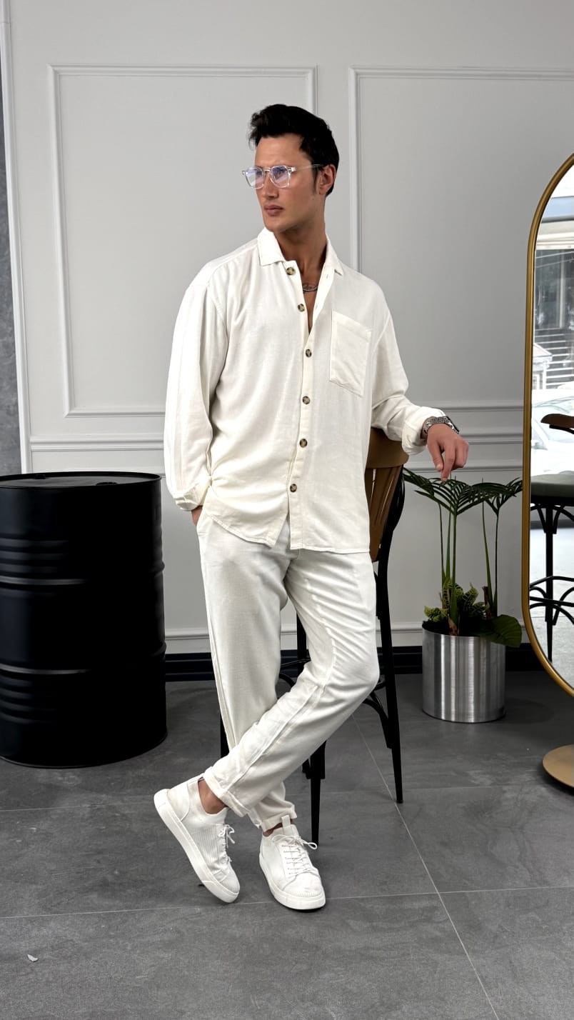 %100 Ham Keten Tam Oversize Kesim Alt -Üst Takım
