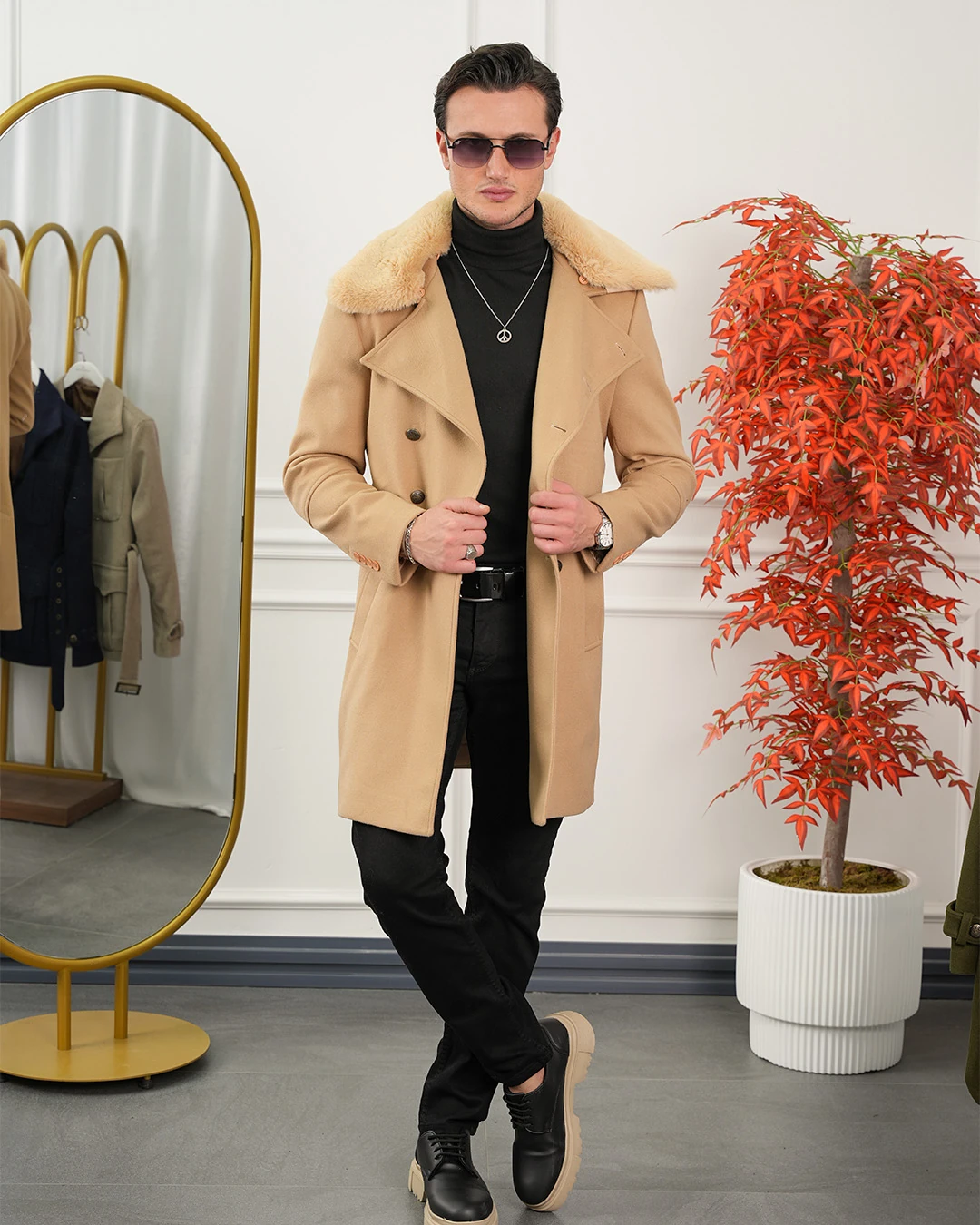 Çıkma Yakalı Kuzu Kaşmir Kaşe Kaban