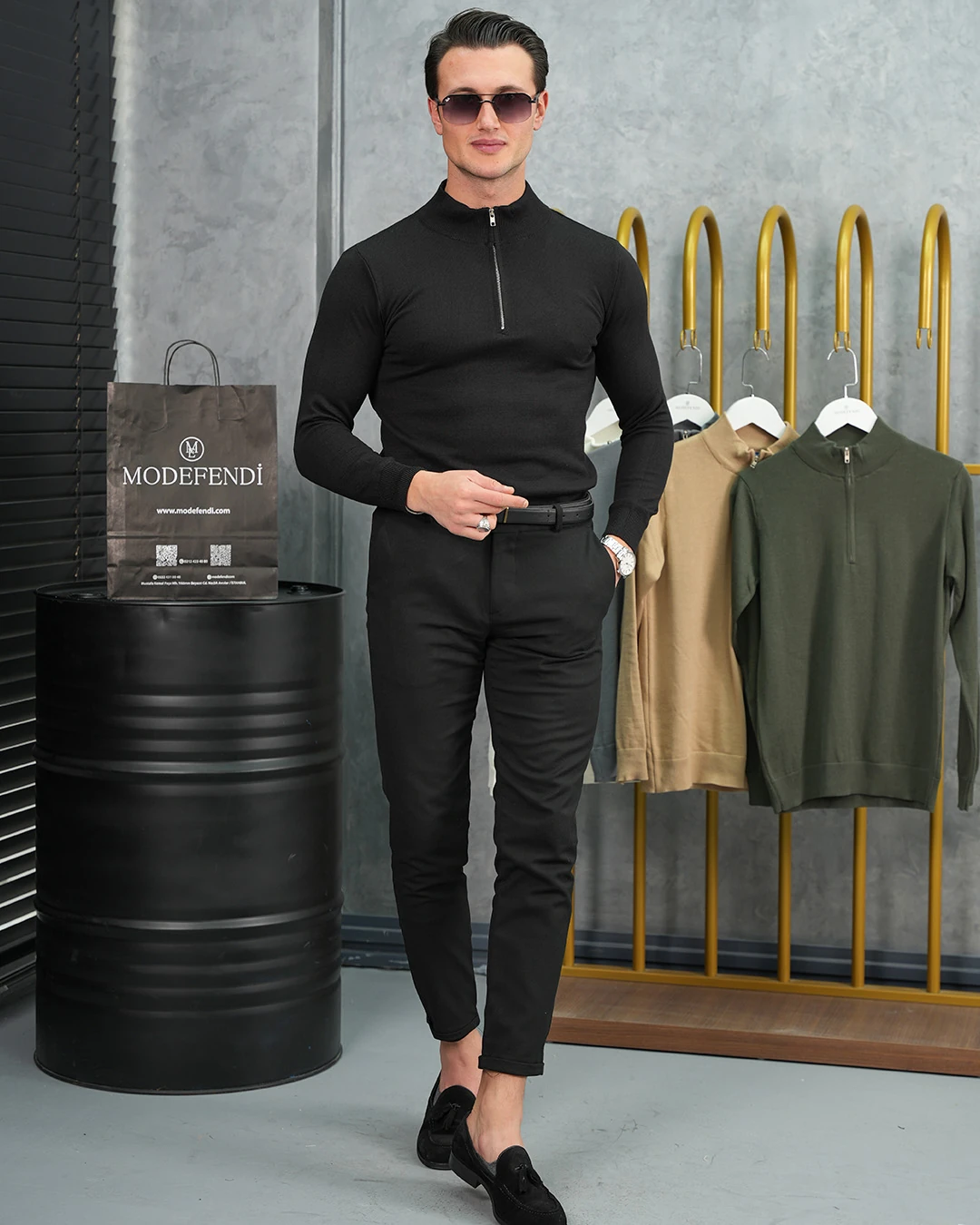 Pamuk Likra Slim Fit Yarım Fermuarlı Kazak