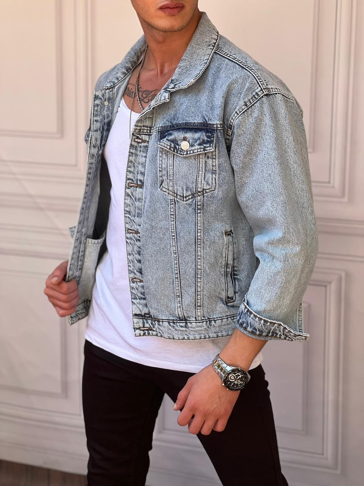 Lazer Kesim Oversize Kısa Model Kot Ceket