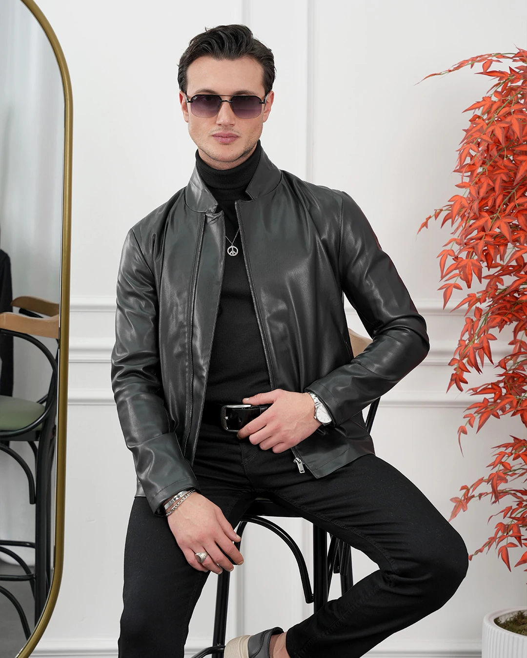 İthal Deri Hakim Yaka Yan Fermuar Yüksek Kalite Deri Mont - Siyah