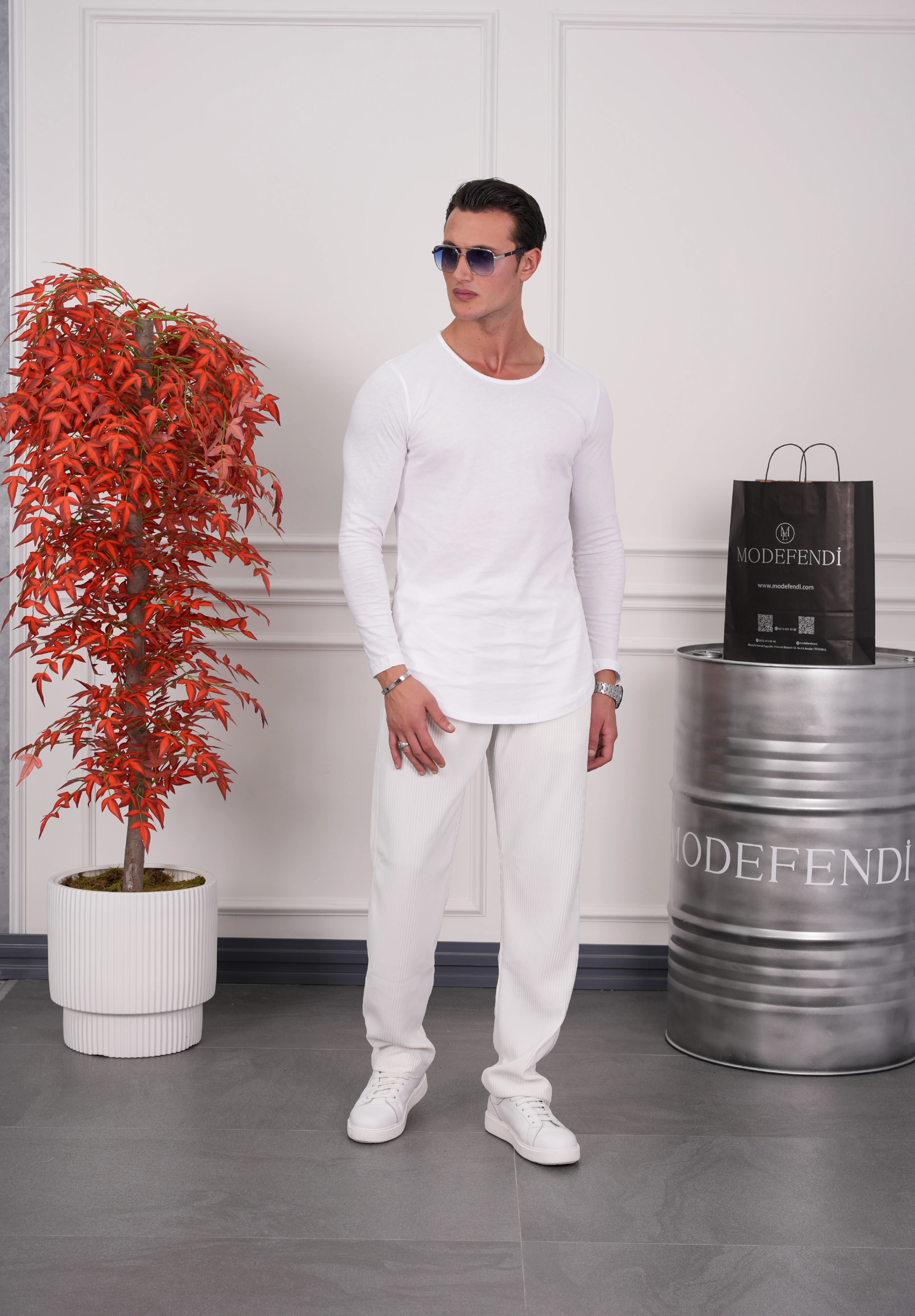 Slim Fit Oval Kesim Uzun Kollu Pamuk Basic Tshırt - Beyaz