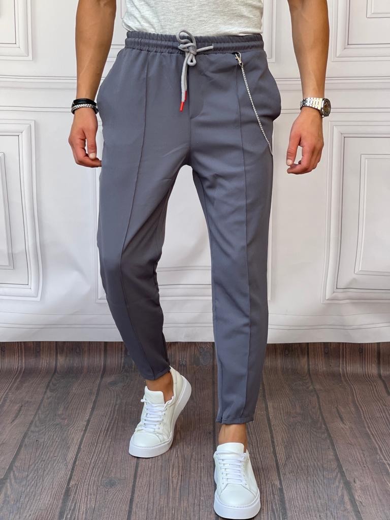 Zincir ve Paça Fermuar Detaylı Pamuklu Jogger Pantolon - Füme