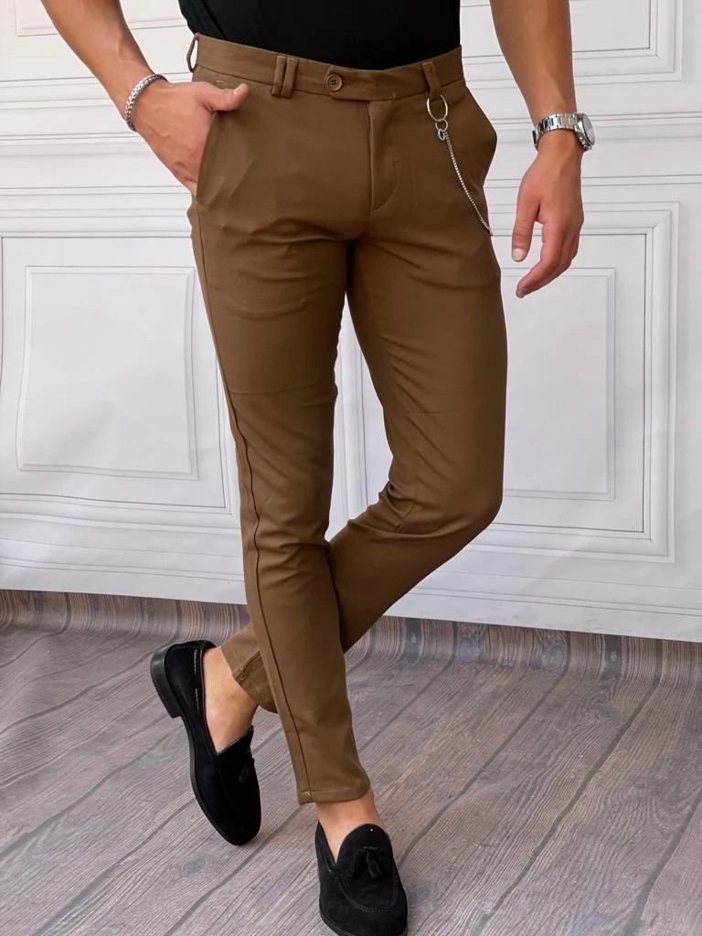 Slim Fit Kalıp Düz Kumaş Pantolon  - Kahverengi