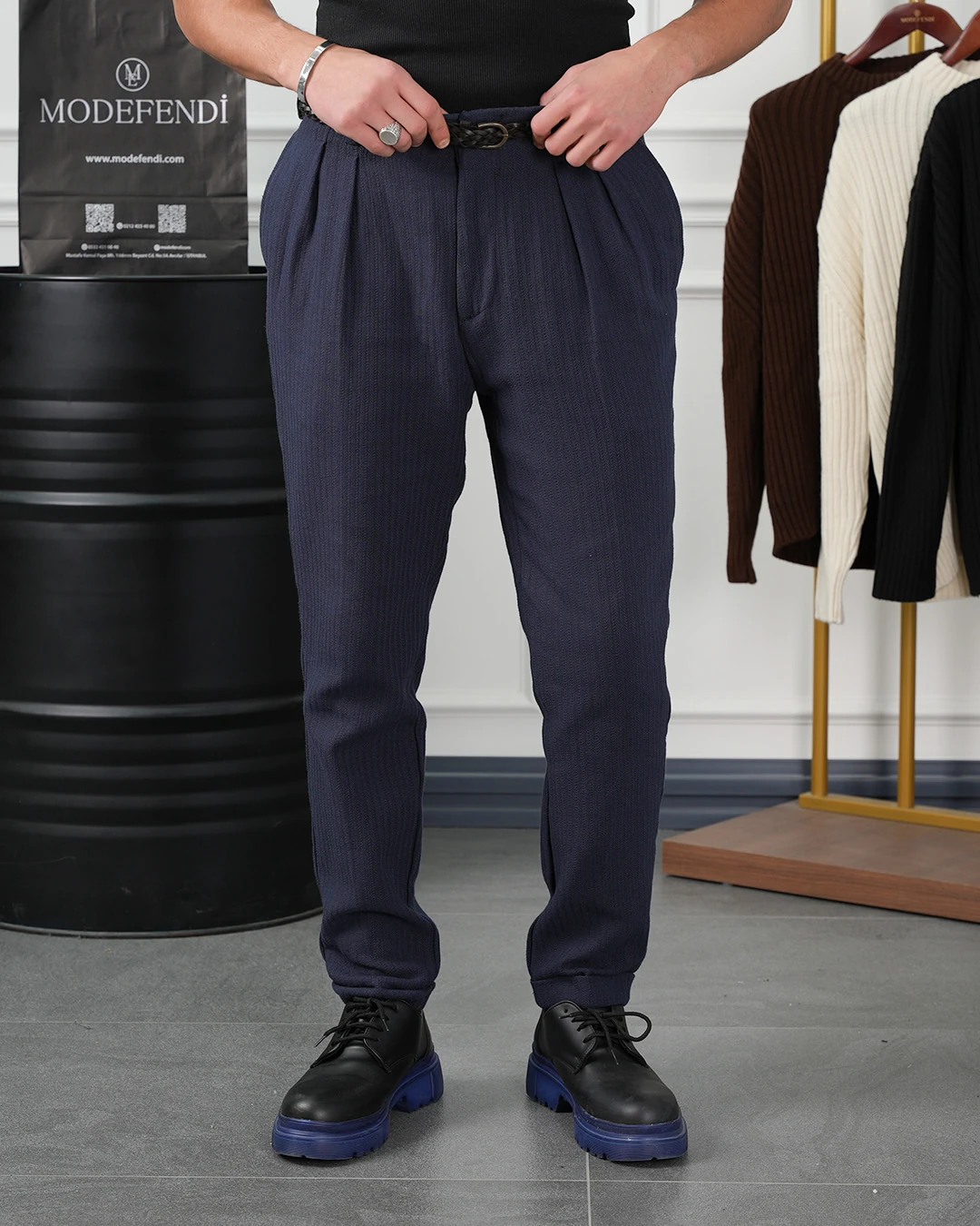 Hasır Örgü Kemerli Pamuk Keten Örme Pileli Pantolon