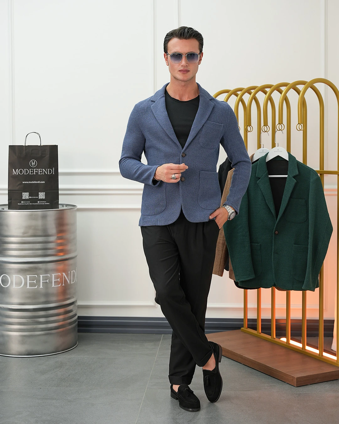 Petek Örme Torba Cep Ceket - indigo