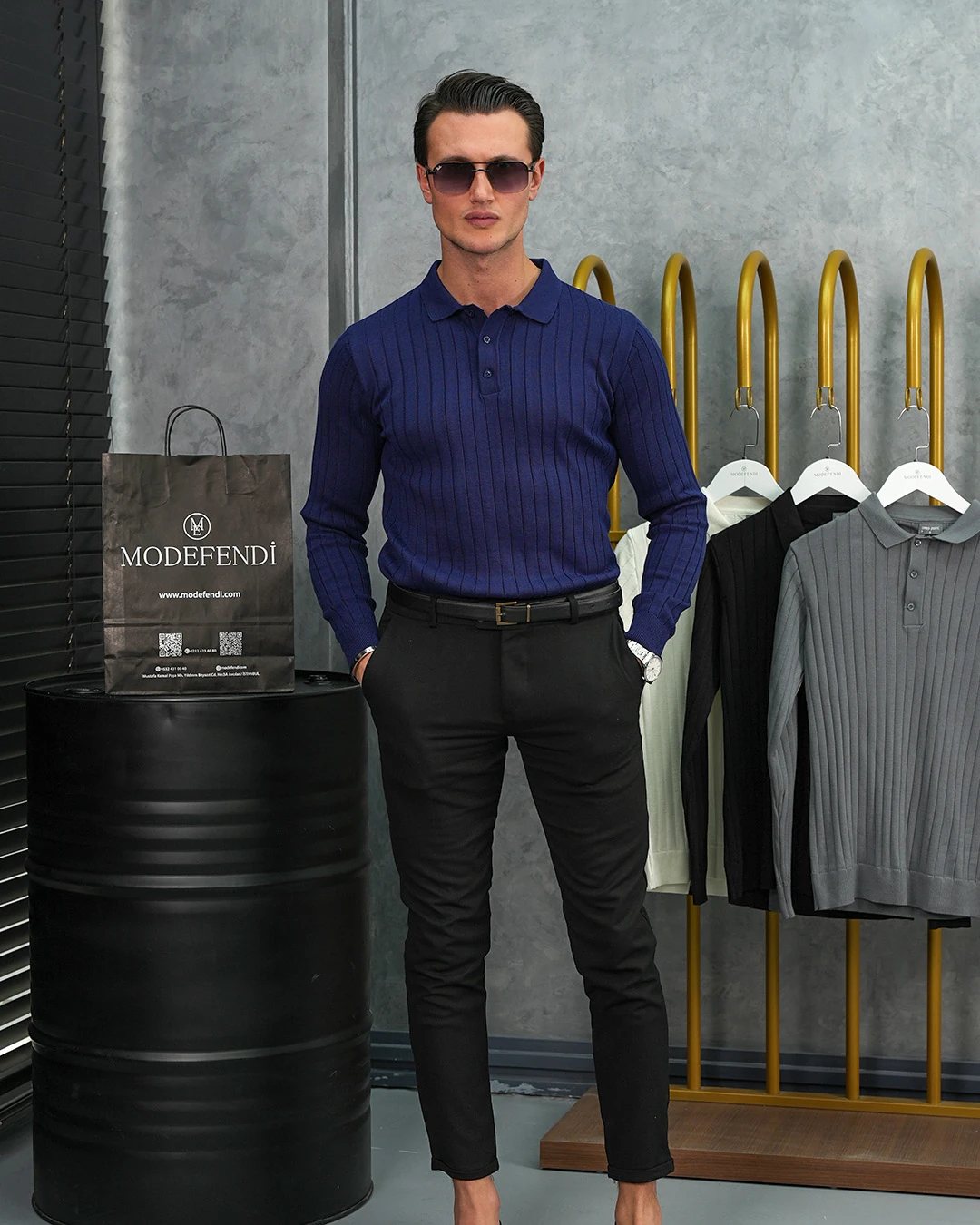 Pamuk Likra Slim Fit Polo Yaka Dikey Geniş Çizgi Triko Kazak