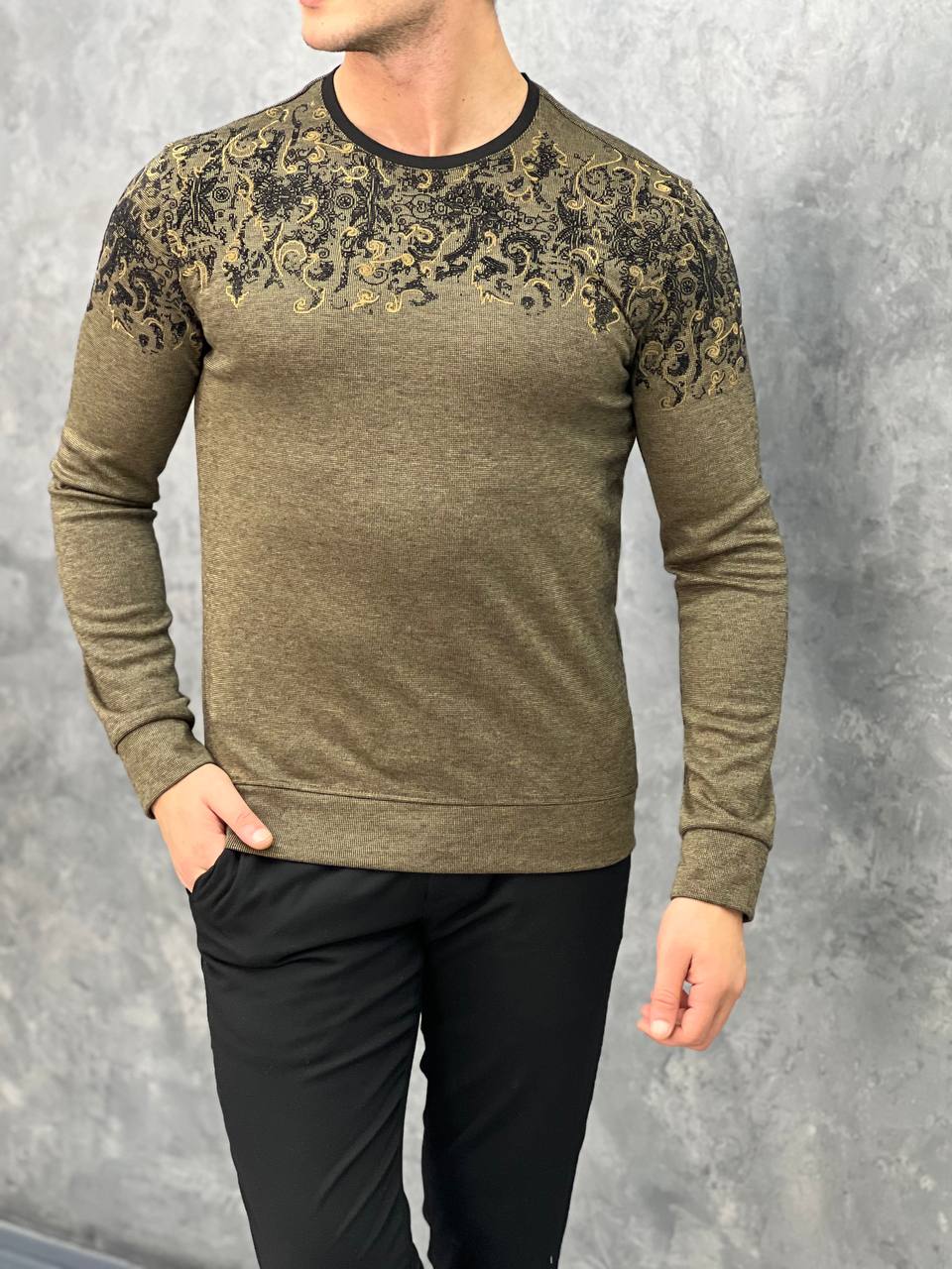 Pamuk Likra Desenli Slim Fit Kazak - Yeşil