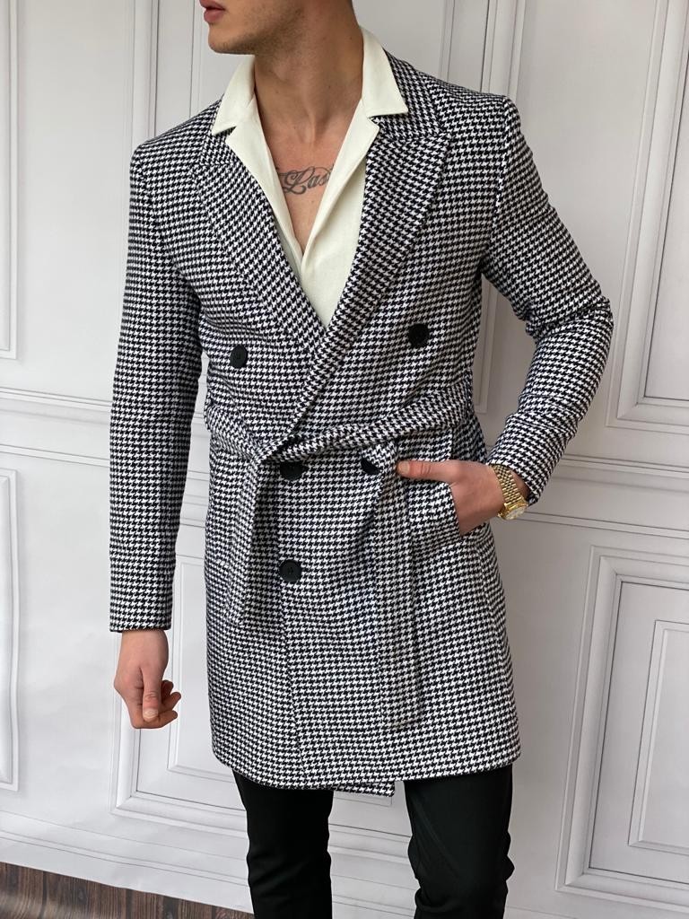 Slim Fit İtalyan Kesim Kaz Ayağı  Kemer Detaylı Kaşe Kaban