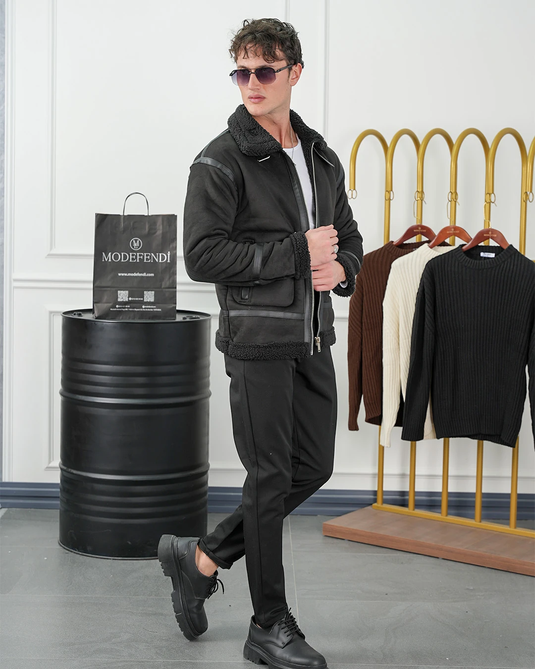 Full Kürk Detaylı Şerit Çizgili Nubuk Mont