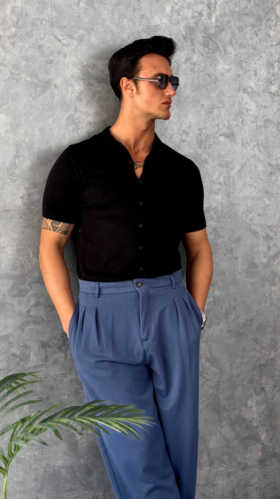 Slim Fit Polo Yaka Triko Pamuk Kısa Kollu Gömlek - Siyah