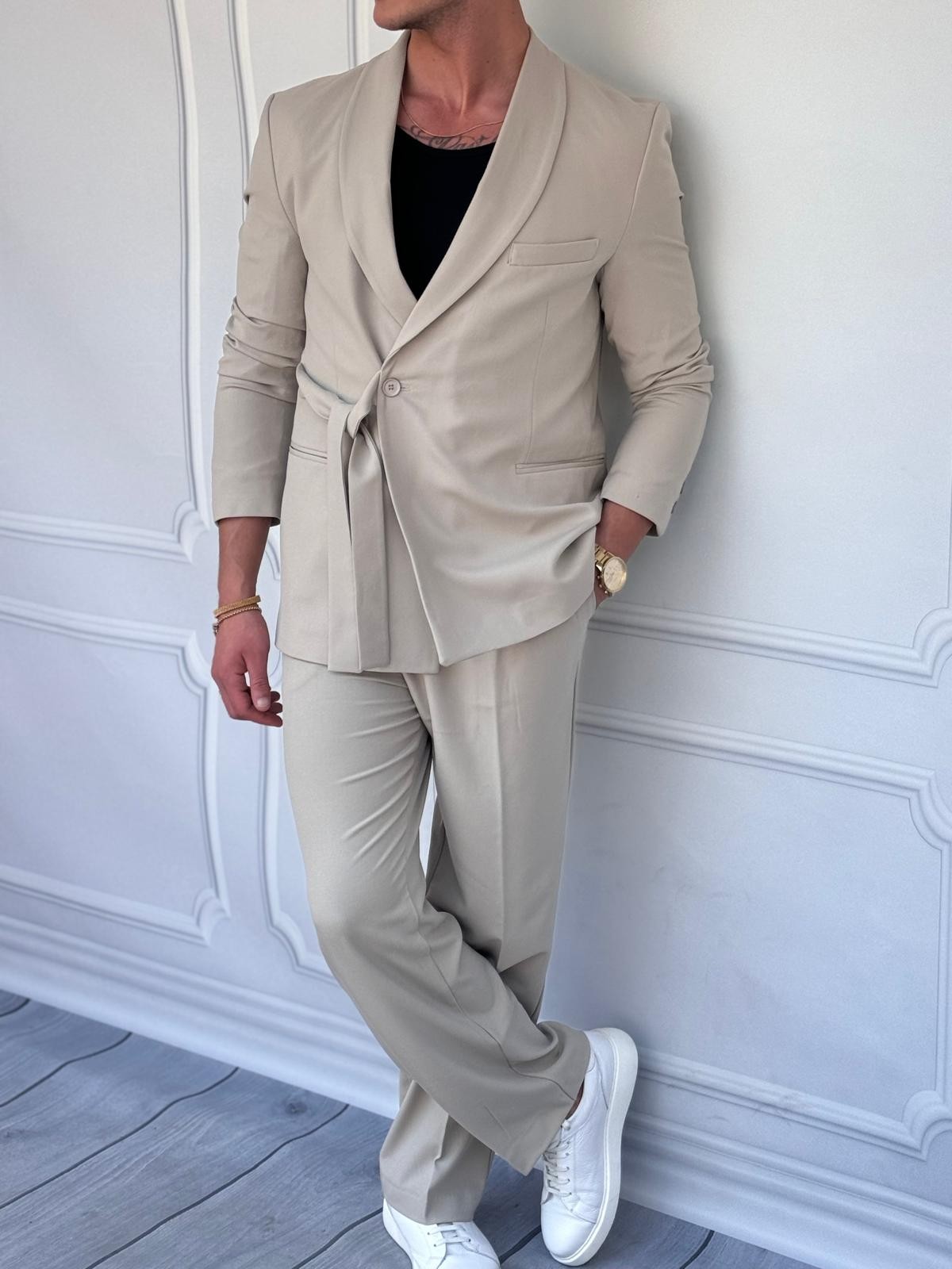 Şal Yaka Kuşak Detaylı Yüksek Kalite Oversıze Bagg Takım Elbise  - Krem