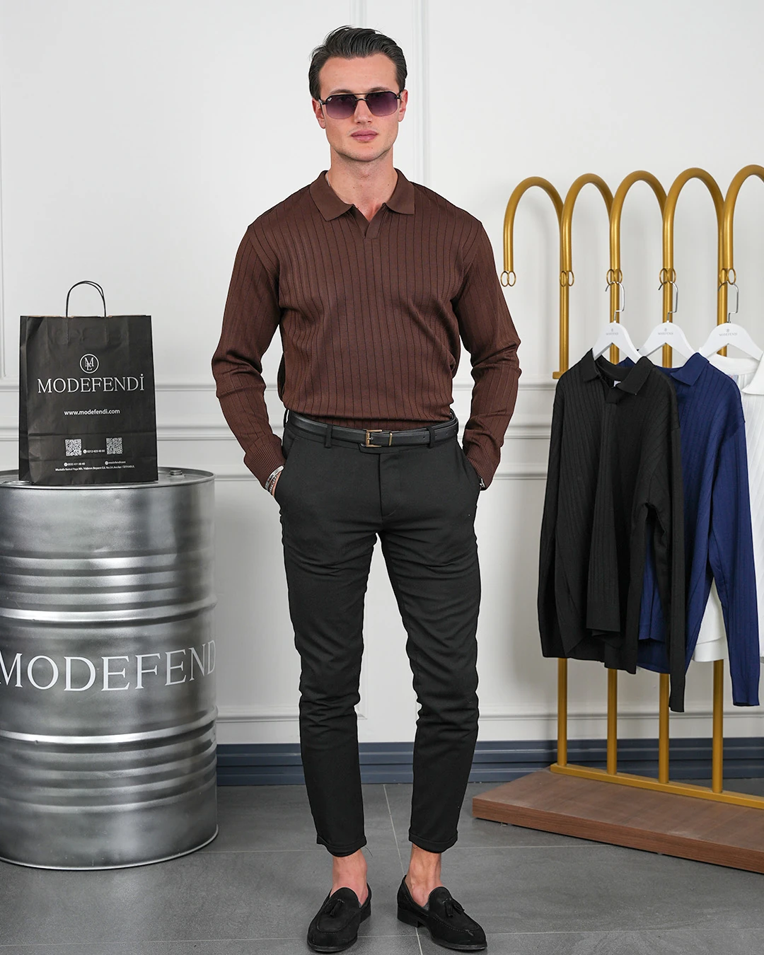 Pamuk Likra Slim Fit Kesik Yaka Dikey Çizgi Triko Kazak