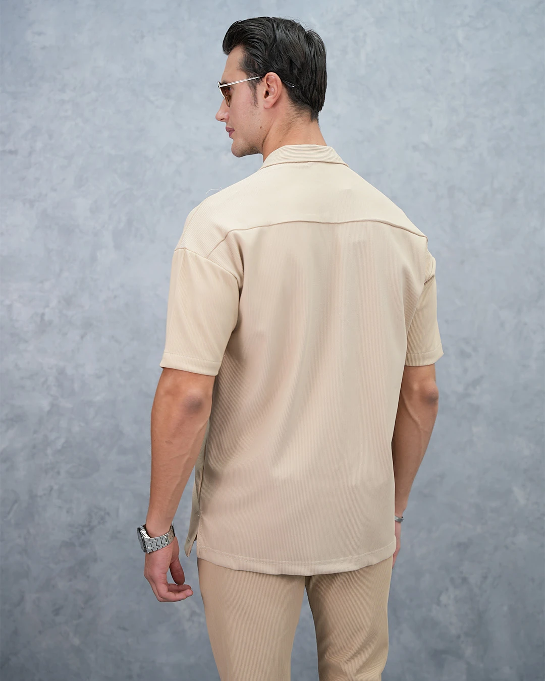 Fitil Desenli Oversize Kısa Kollu Gömlekli Takım