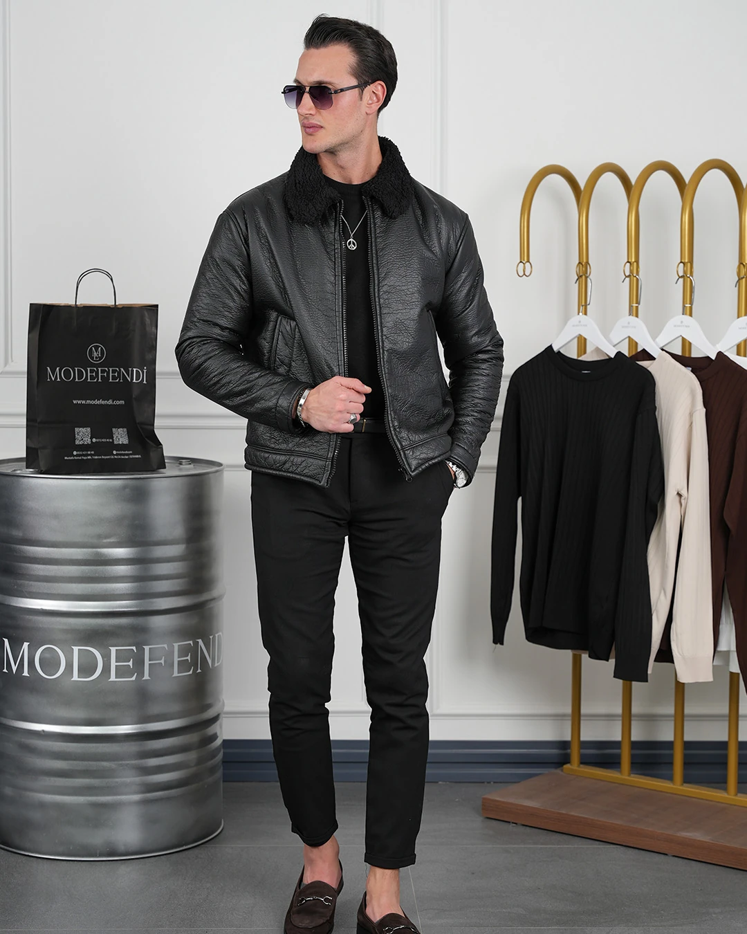 Orta Slim Fit İçi Elyaf Yaka Kürk Detaylı İthal Deri Yan Cep Deri Mont