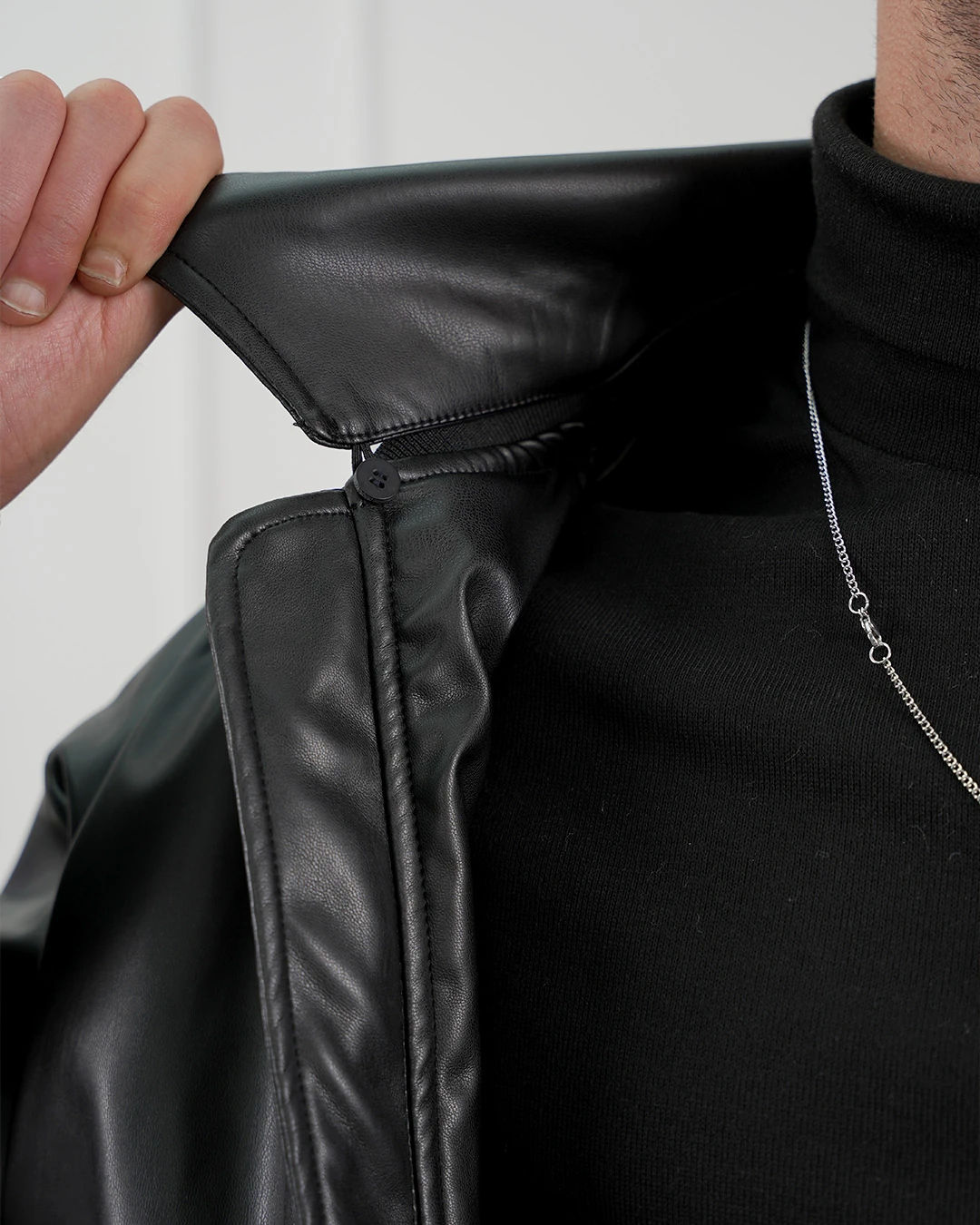 Yakası Çıkabilir Gömlek Yaka Oversize Deri Mont - Siyah