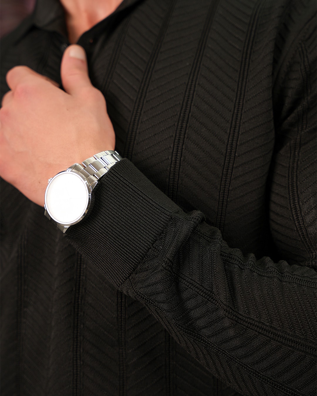 Pamuk Likra Yıldız Desen Yaka Düğmeli Slim Fit Kalıp Triko Kazak