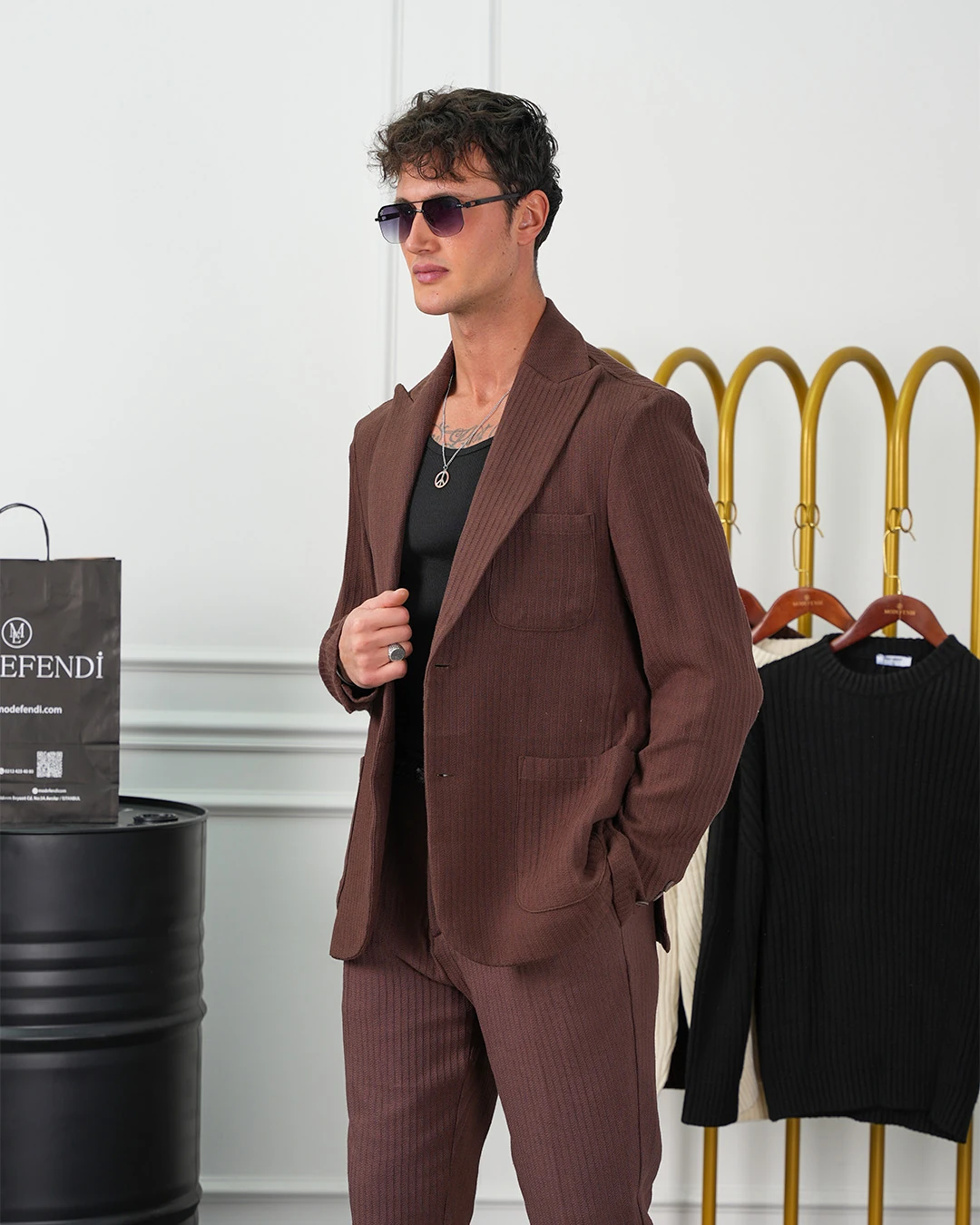 %100 Pamuk Keten Modern Fit Örgü Kemer Detaylı Keten Takım Elbise