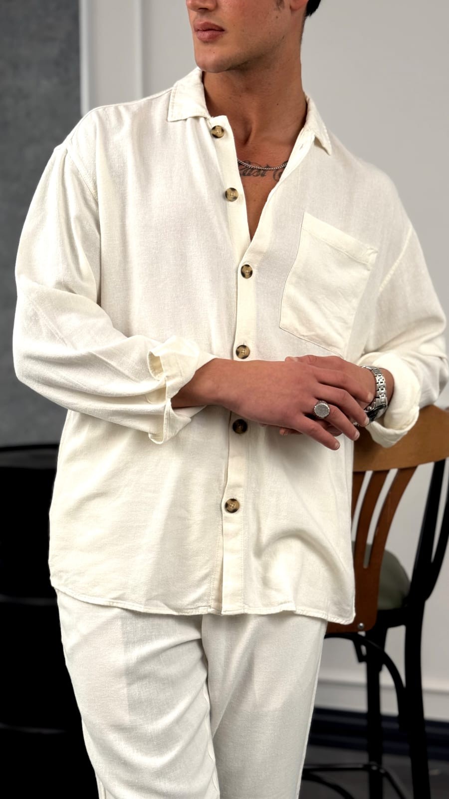 %100 Ham Keten Tam Oversize Kesim Alt -Üst Takım