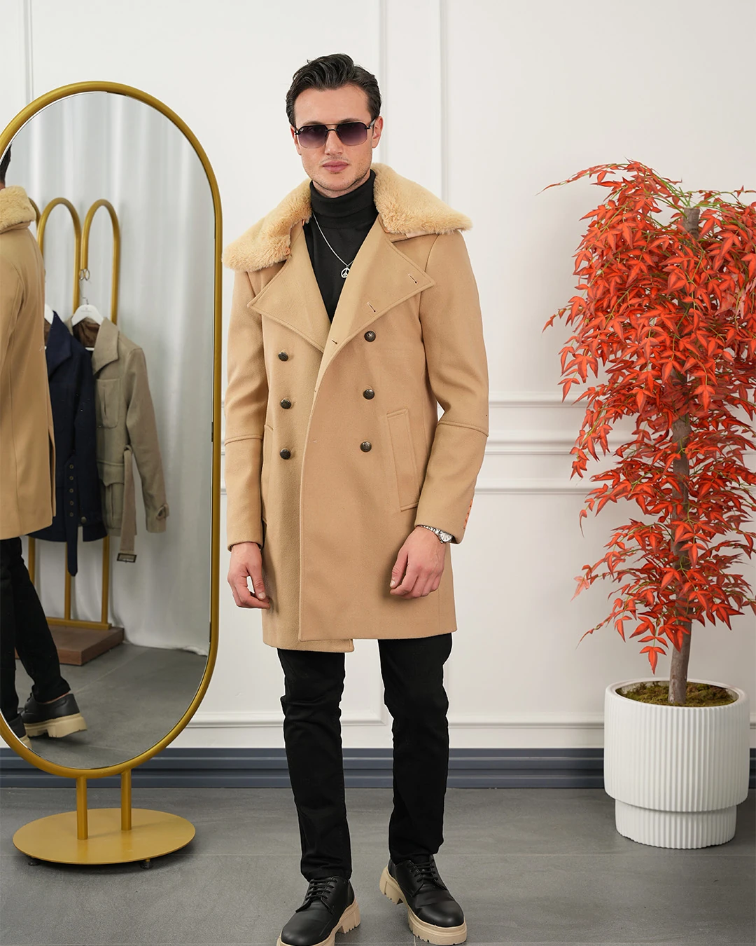 Çıkma Yakalı Kuzu Kaşmir Kaşe Kaban