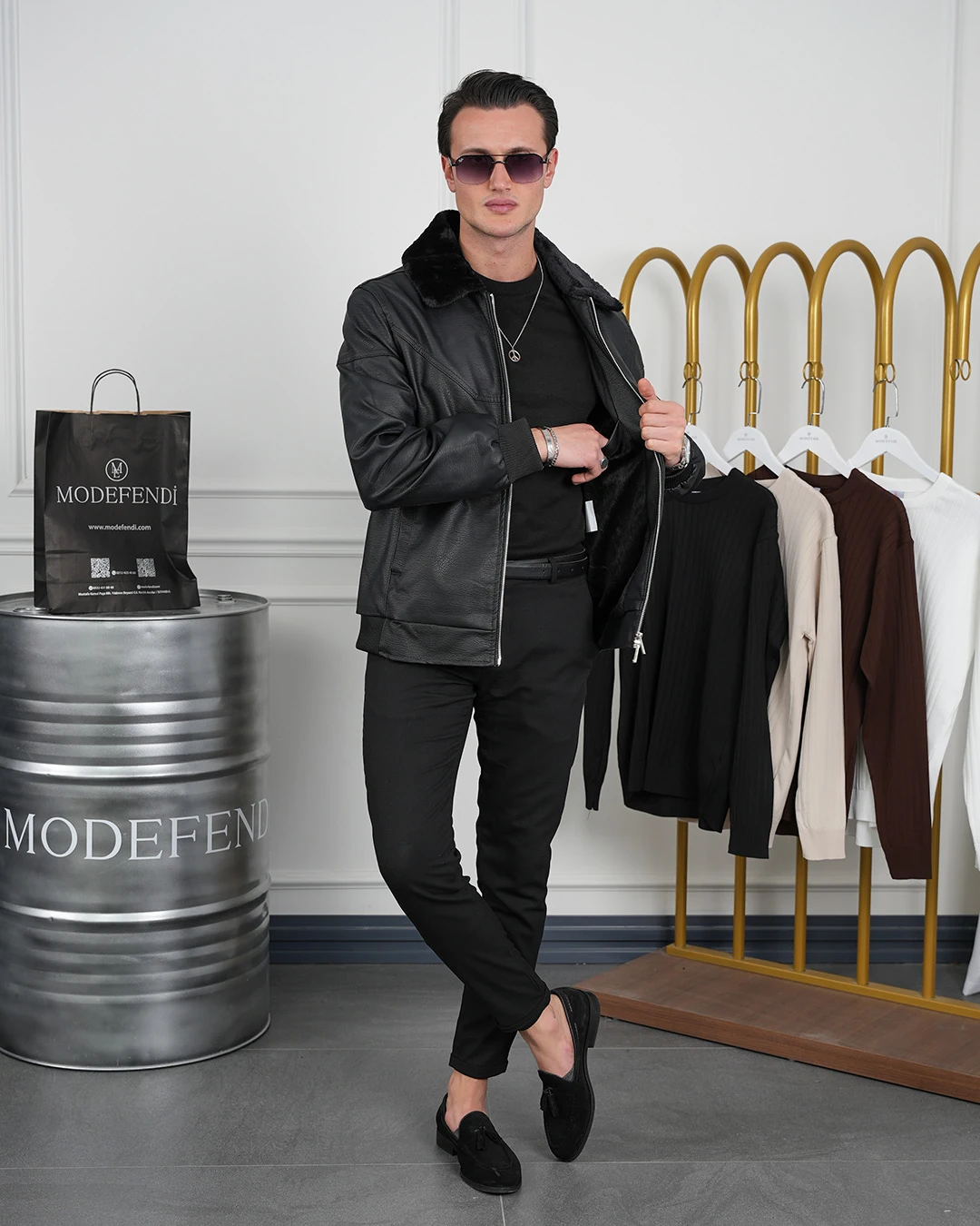 Slim Fit Yaka Kürklü Uzun Ribana İthal Deri Mont