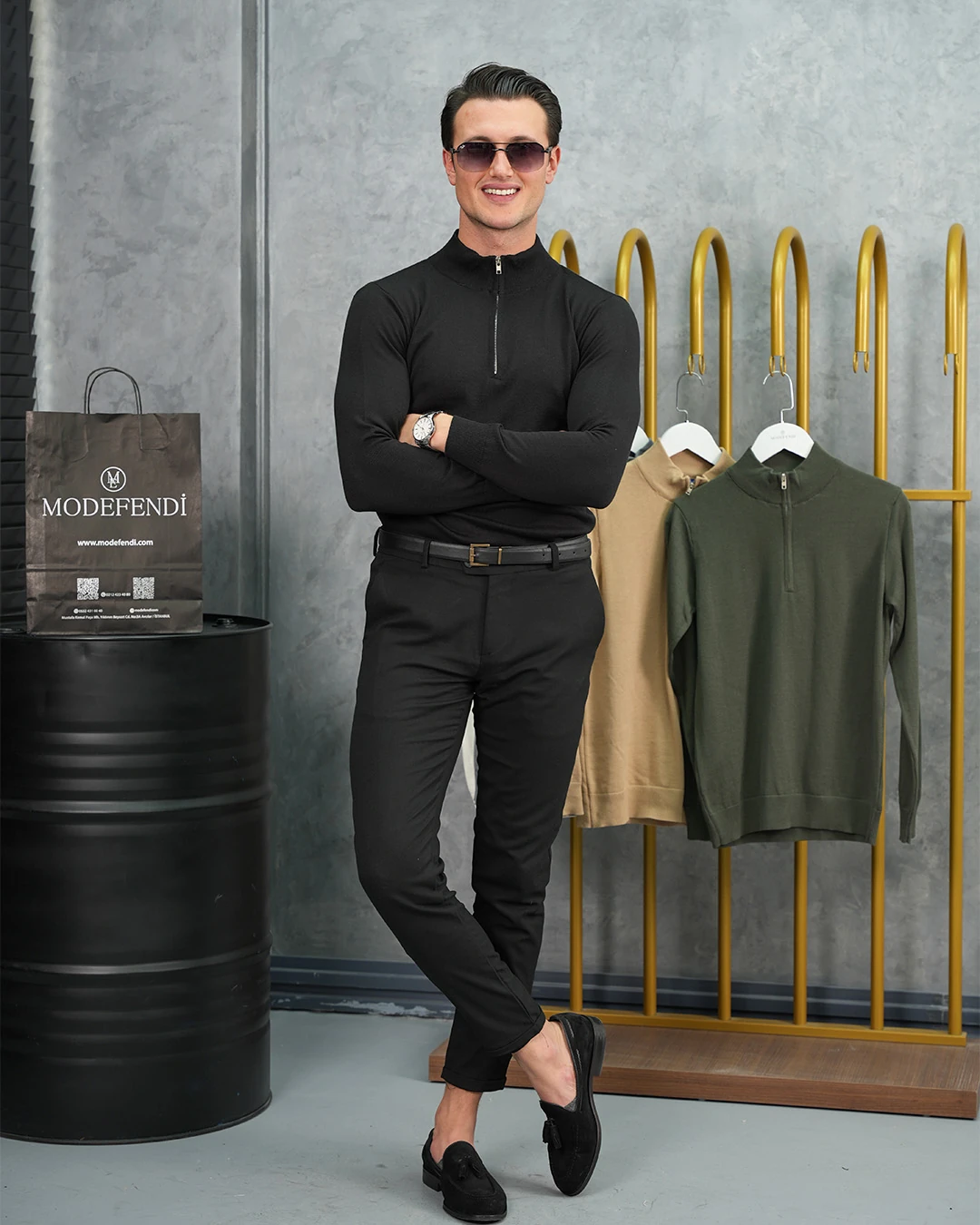 Pamuk Likra Slim Fit Yarım Fermuarlı Kazak