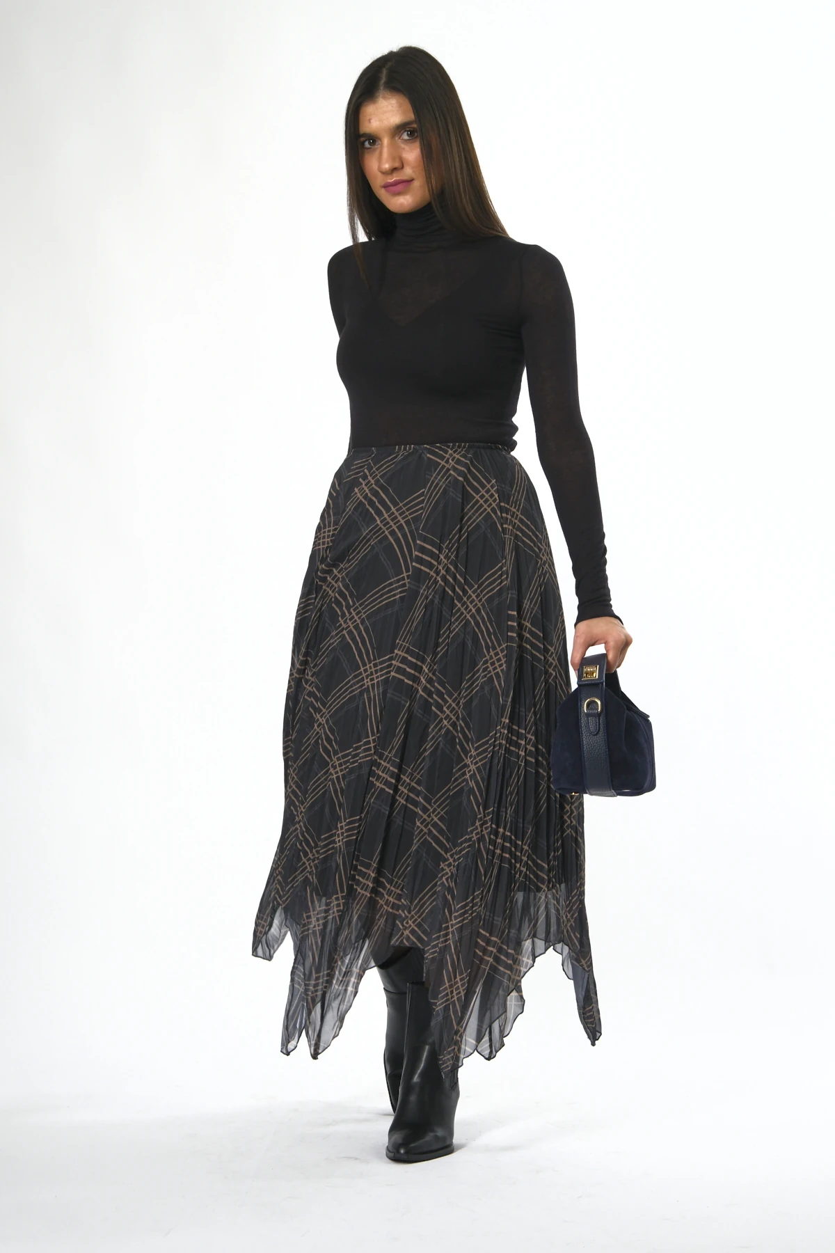 Kadın Beli Lastikli Astarlı Parçalı Ekose Etek