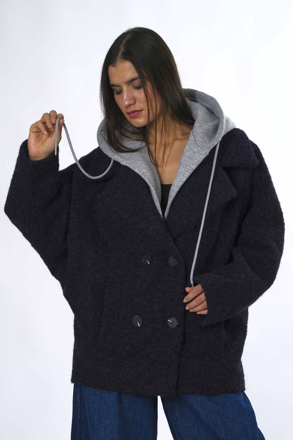 Abbra Kadın Kapişon Detaylı Astarlı Oversize Kaşmir Ceket