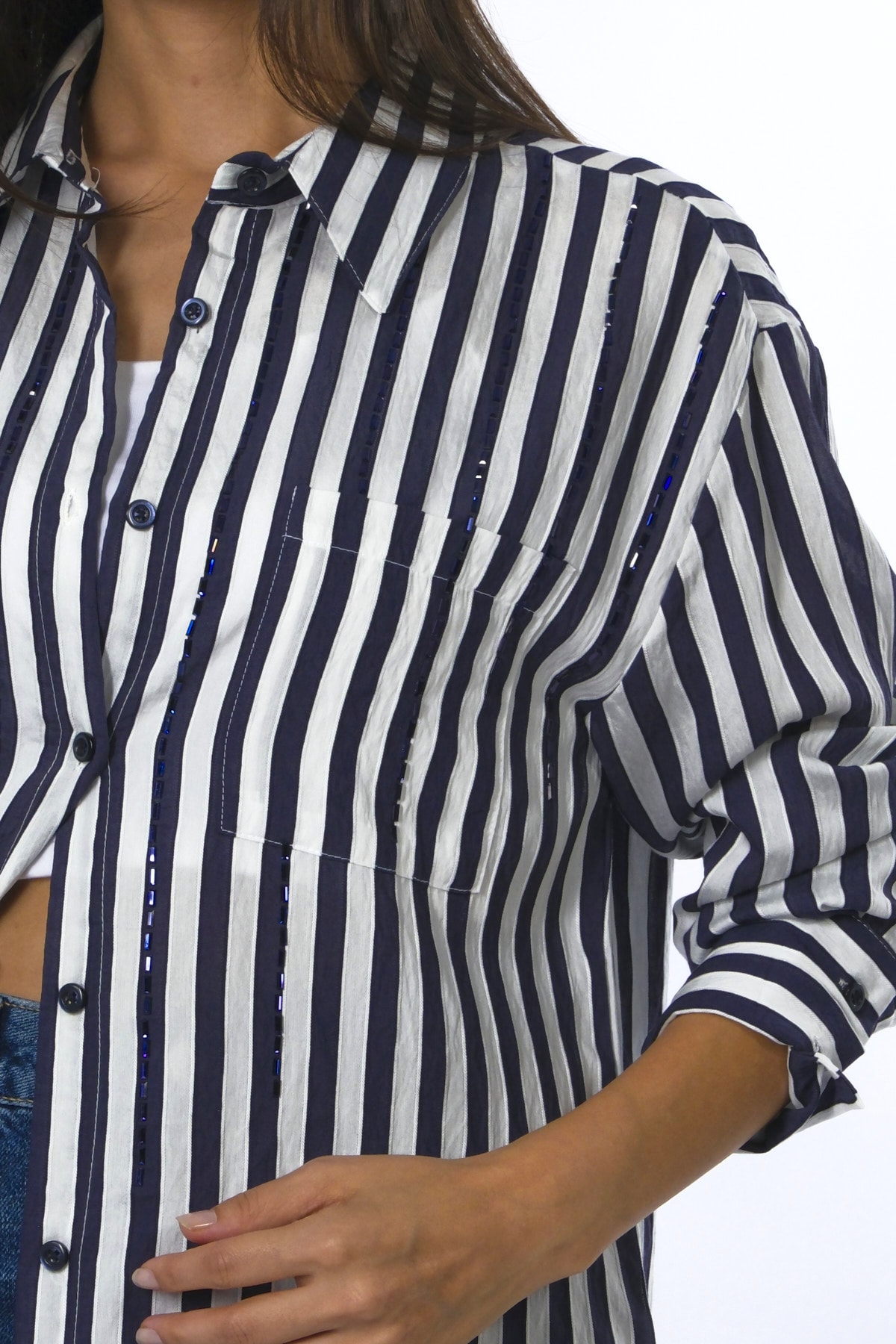 Abbra Kadın Oversize Taşlı Çizgili Cepli Gömlek