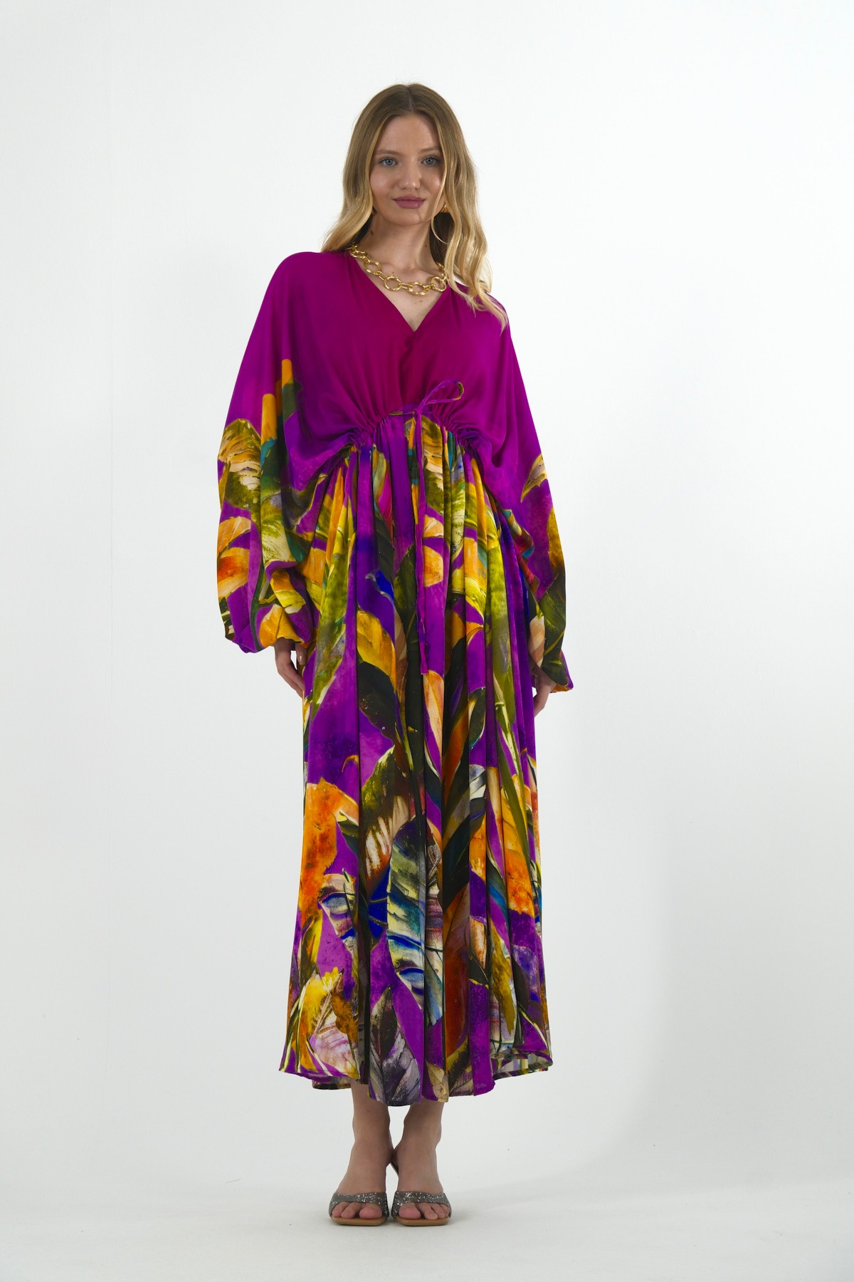 Abbra Kadın Bağcık Detaylı Oversize %100 Viskon Yazlık Elbise - MOR
