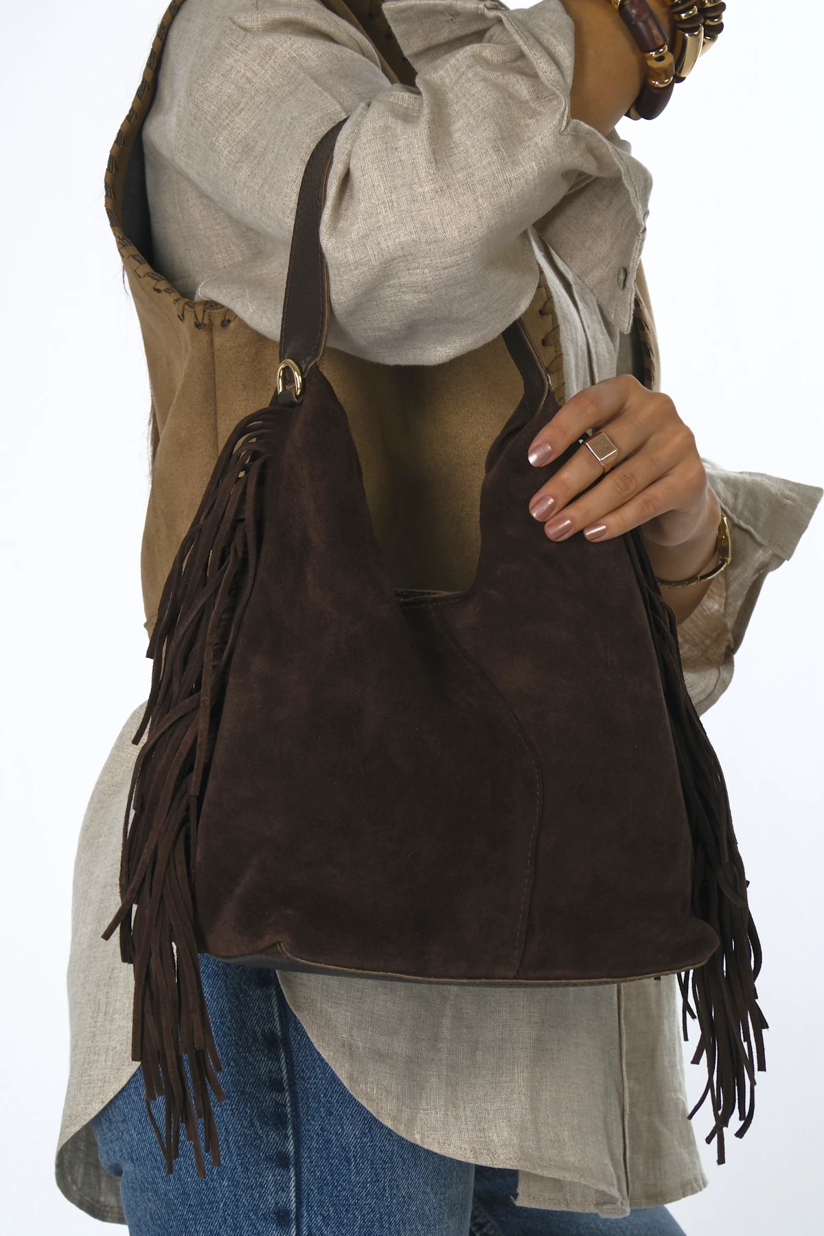 Abbra Kadın Gerçek Süet Deri Yanları Püsküllü Yavrulu Çanta