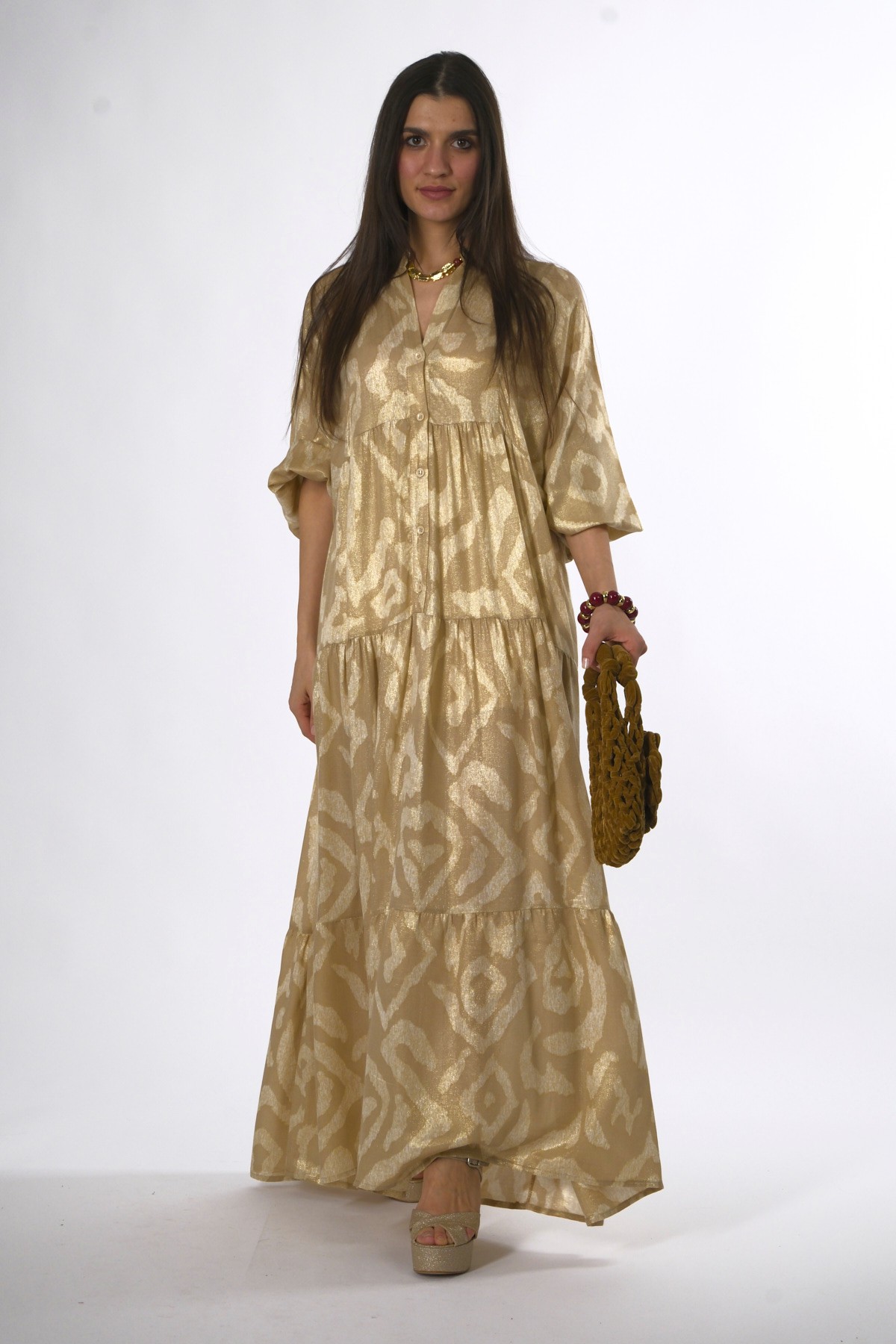 Abbra Kadın Katleya Model Elbise - GOLD-BEJ