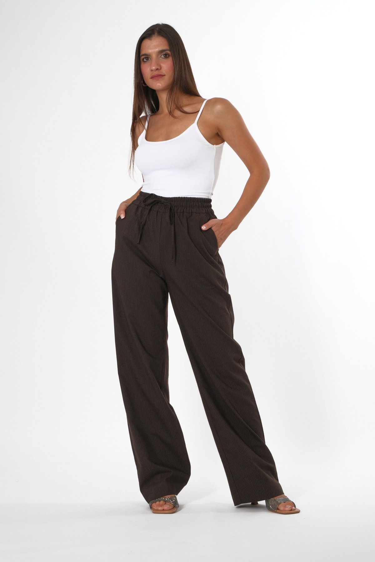 Abbra Kadın Beli Lastikli Çizgili Oversize Pantolon