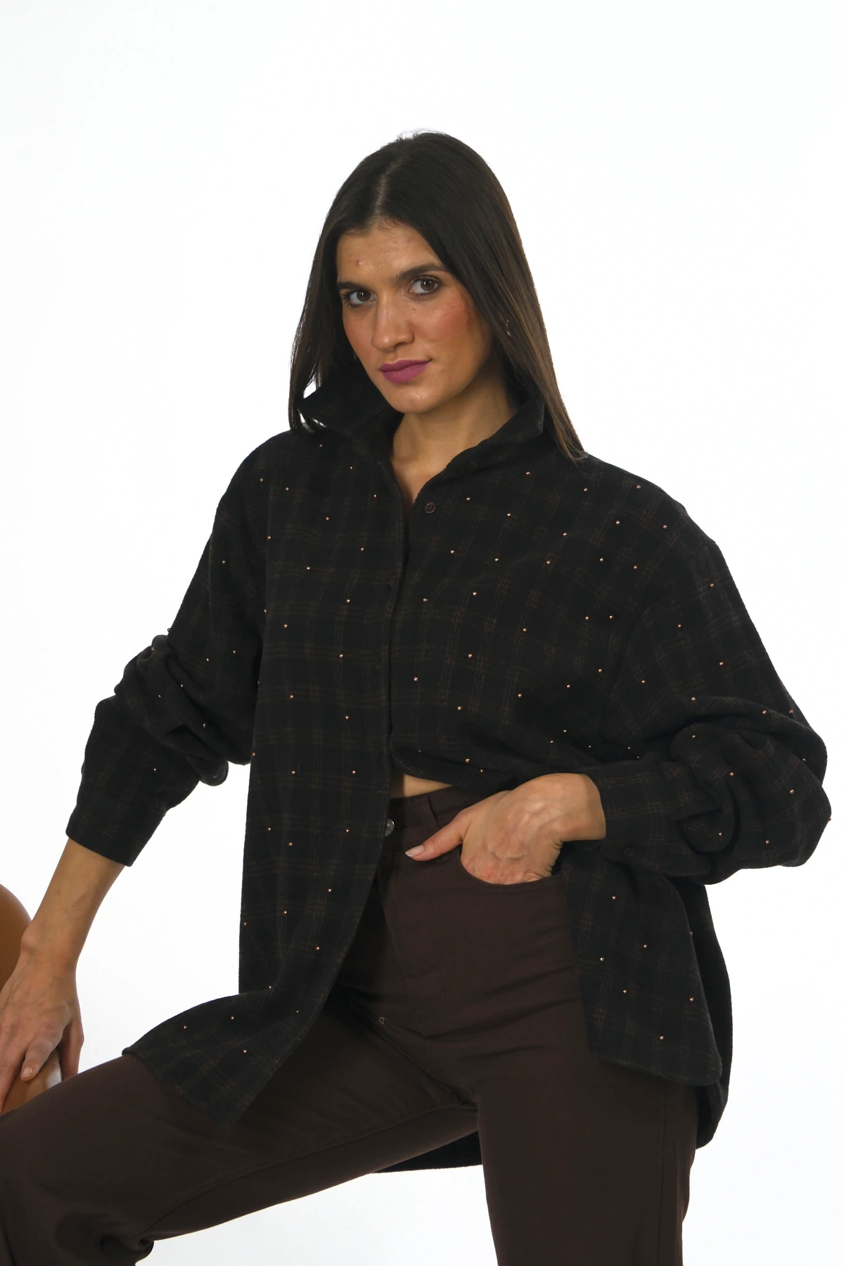 Abbra Kadın Zımba Çakımlı Pamuklu Ekose Gömlek