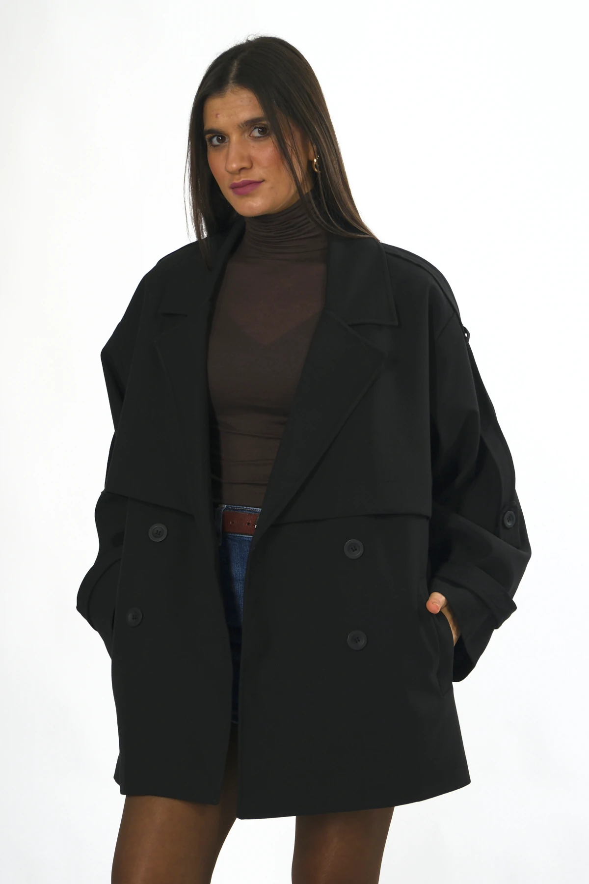 Abbra Kadın Kuşaklı Oversize Kısa Trenç