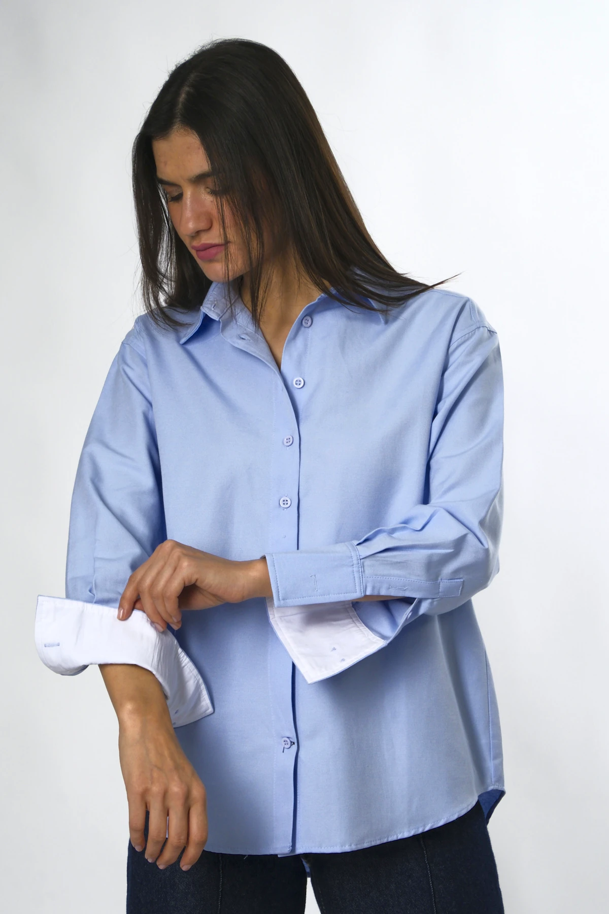 Abbra Kadın Pamuklu Kolu Beyaz Manşetli Gömlek