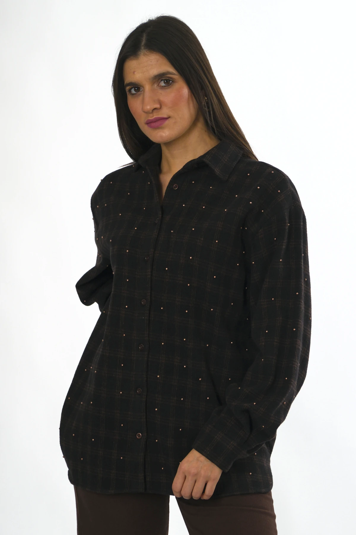 Abbra Kadın Zımba Çakımlı Pamuklu Ekose Gömlek