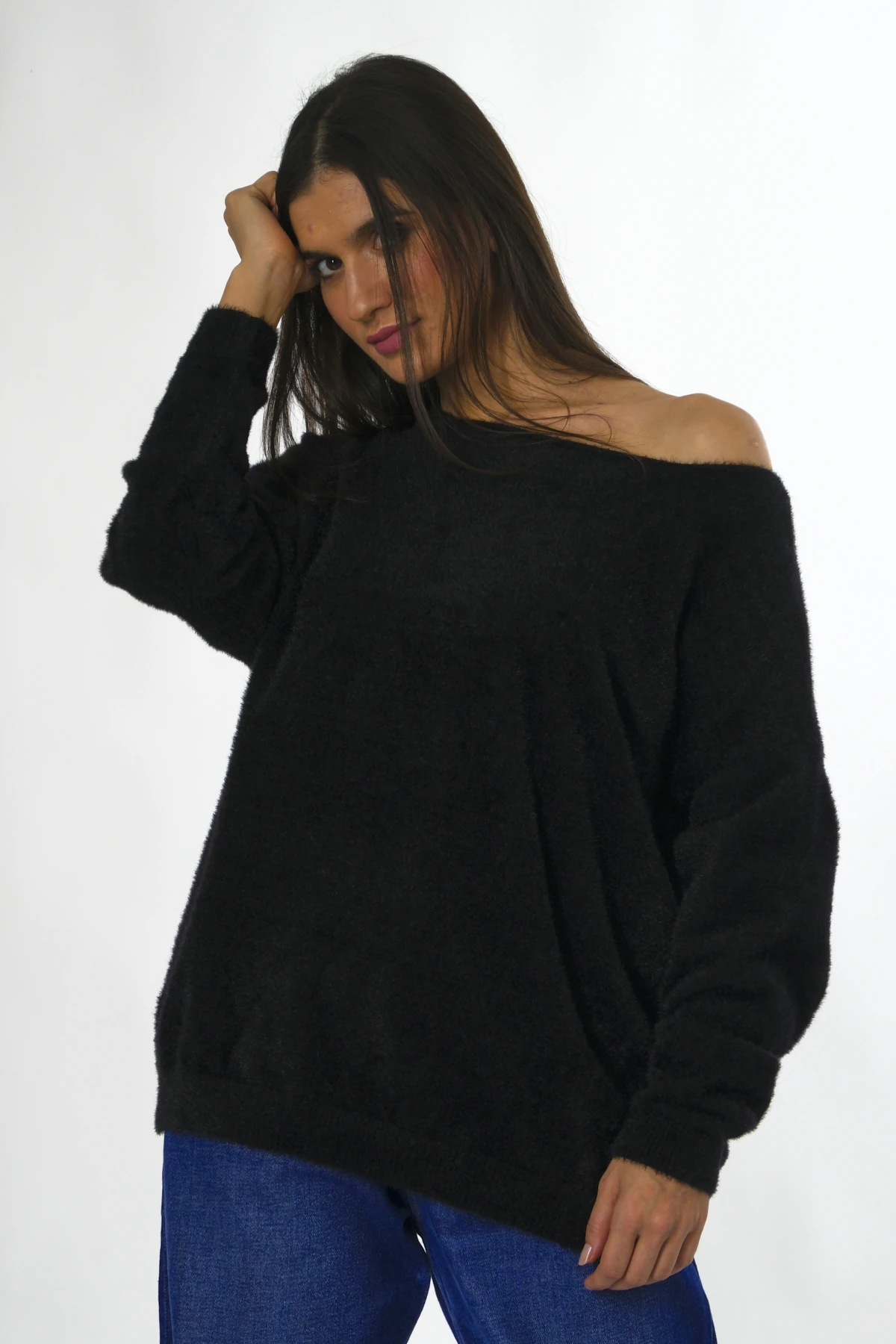 Abbra Kadın Tek Omzu Açık Sakallı Kazak - SİYAH