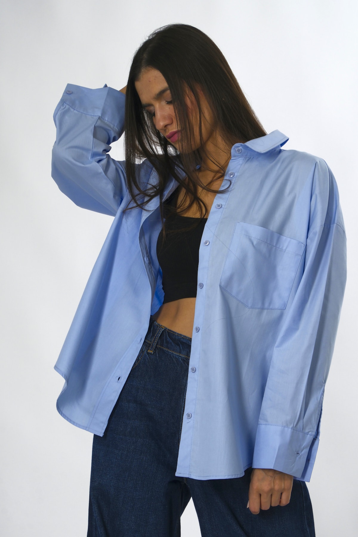 Abbra Kadın %100 Pamuk Tek Cepli Oversize Poplin Gömlek