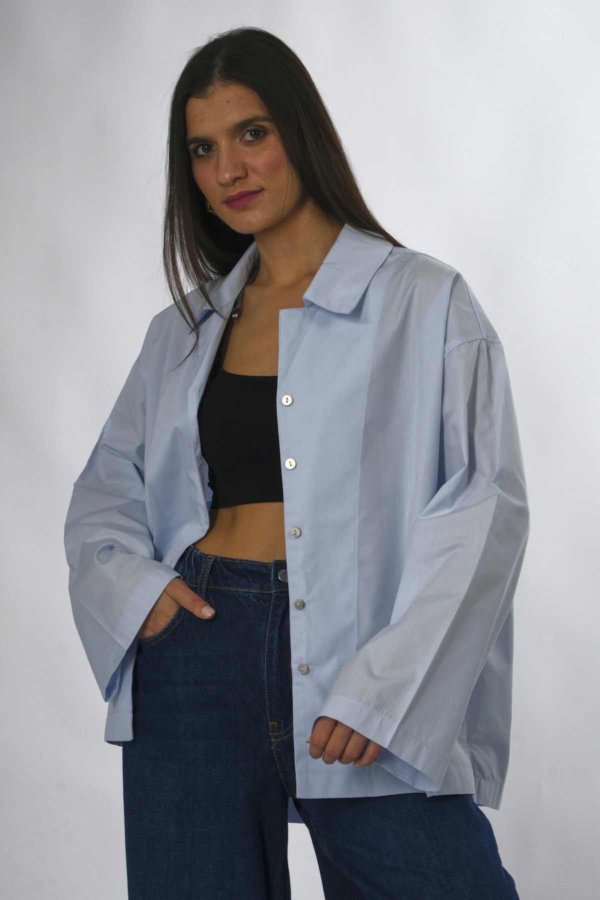 Abbra Kadın %100 Pamuk Oversize Poplin Gömlek - BEBE MAVİSİ