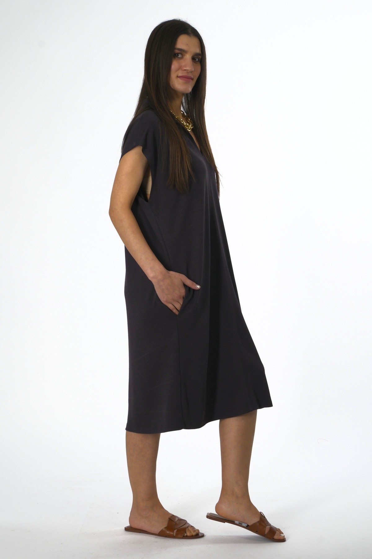 Abbra Kadın Modal Polo Yaka Oversize Elbise