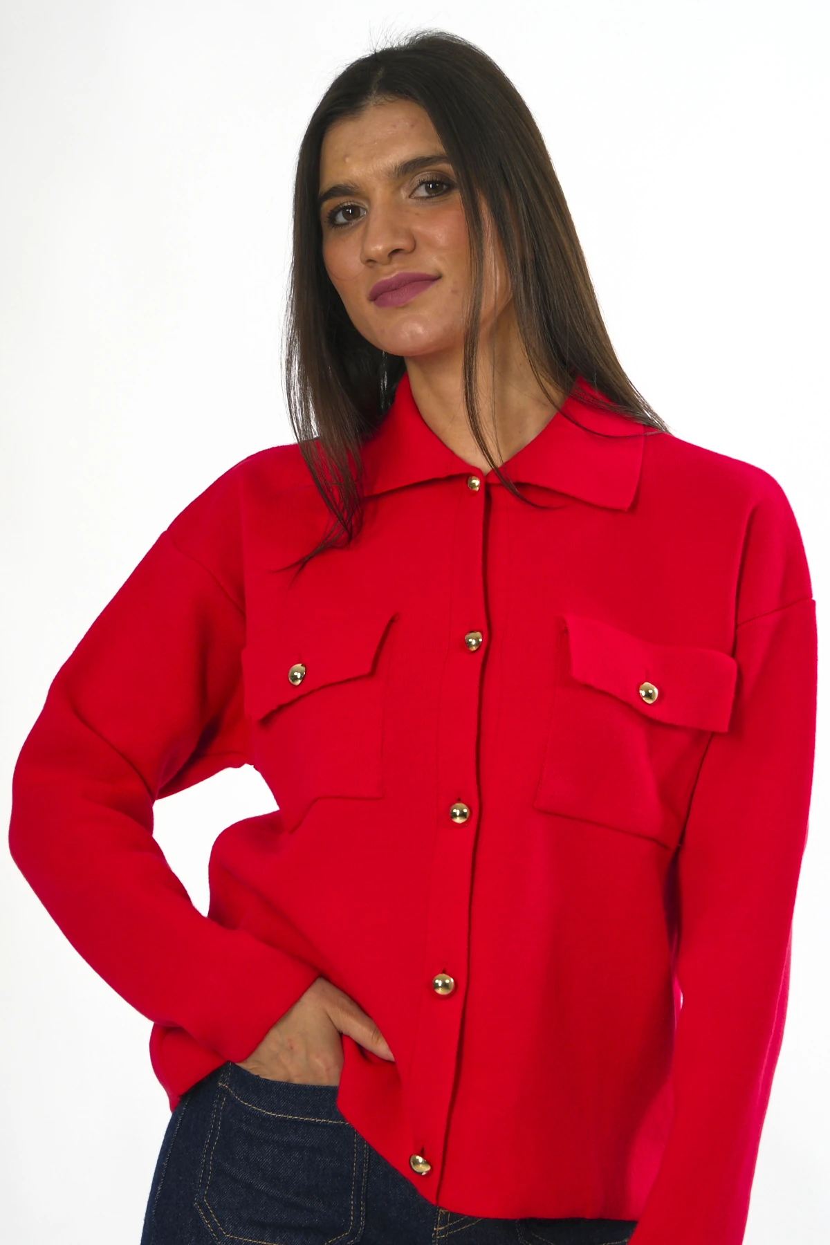 Abbra Kadın Cepli Düğmeli Triko Hırka - KIRMIZI