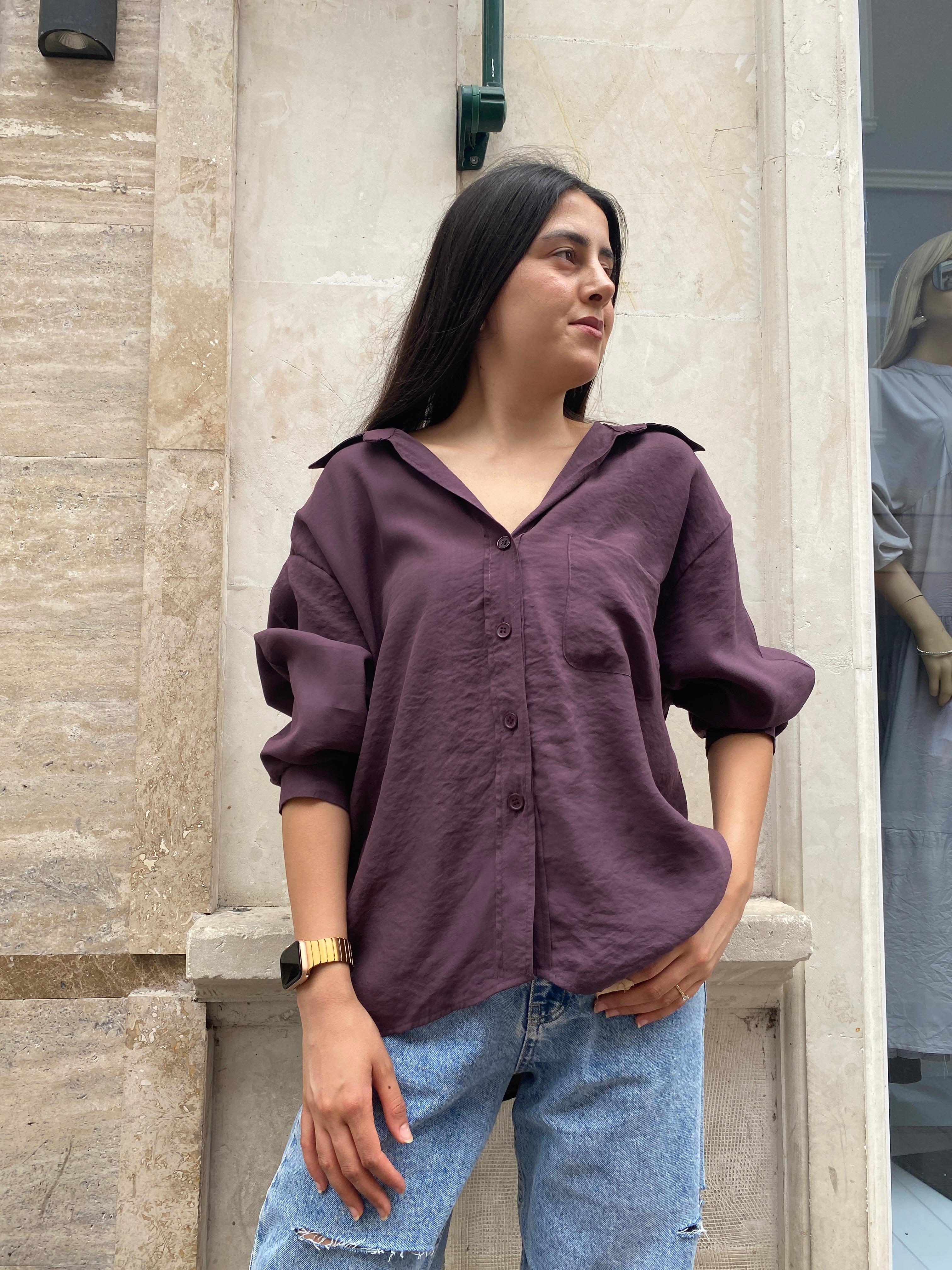 Abbra Kadın Düşük Omuzlu Modal Oversize Gömlek - MÜRDÜM