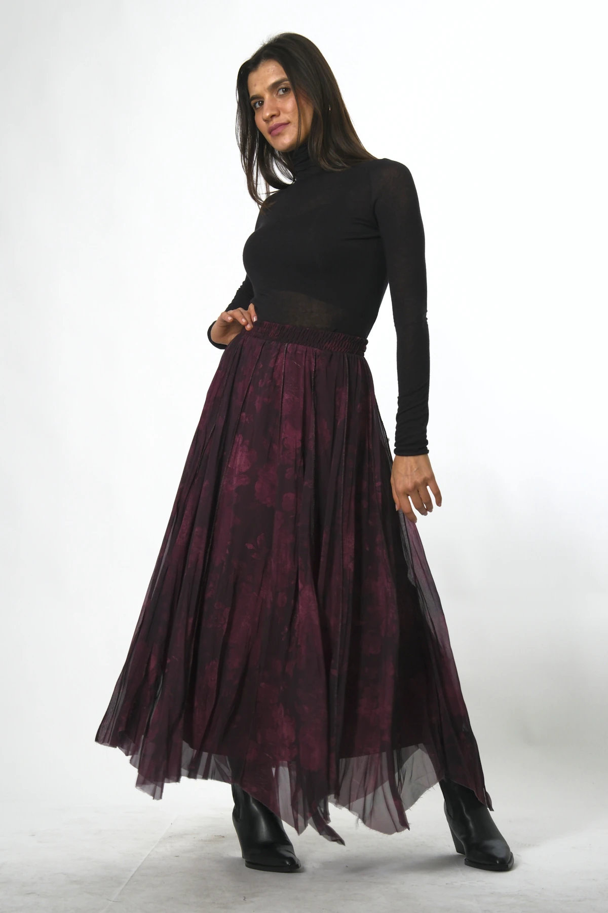 Abbra Kadın Astarlı Beli Lastikli Desenli Şifon Etek