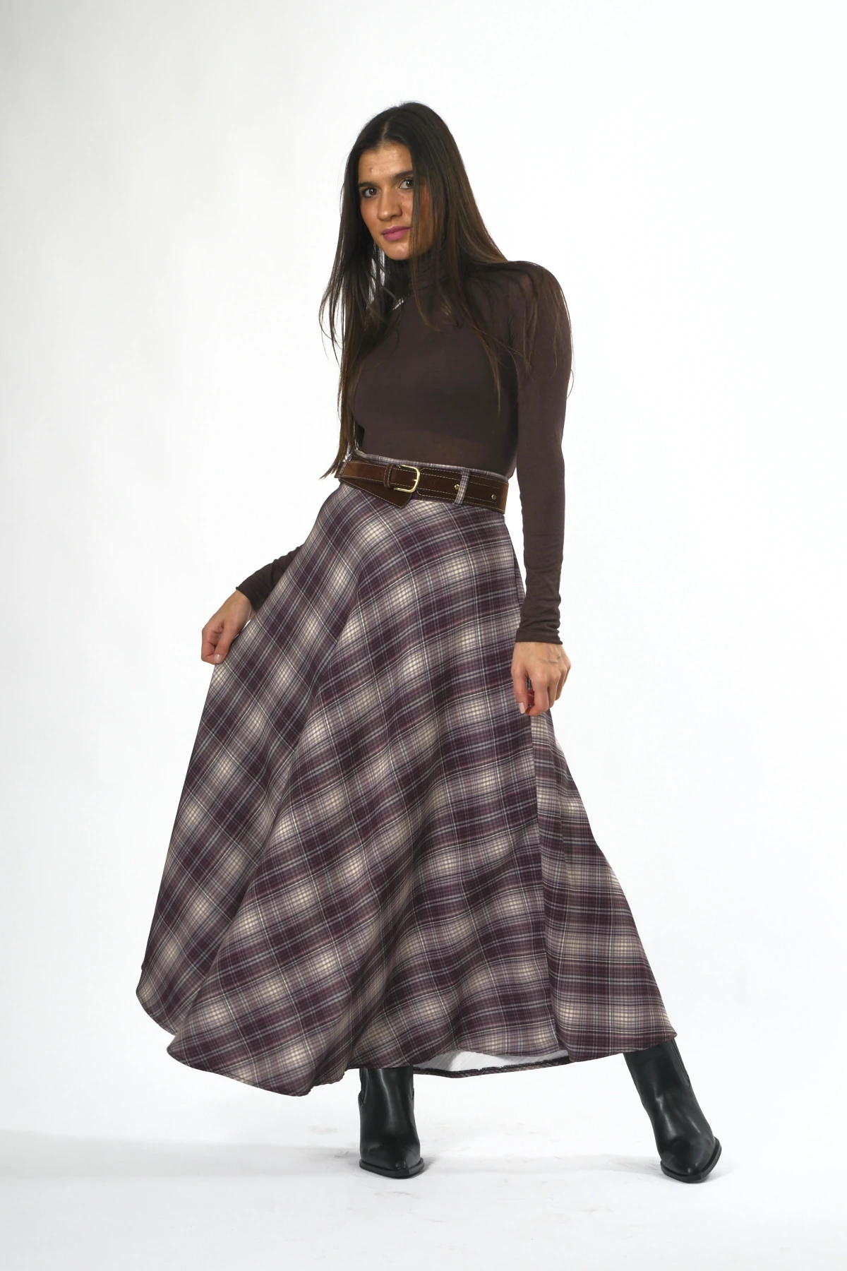 Abbra Kadın Ekoseli Astarlı Kemerli Etek